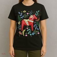 Swedish Dala Horse Folk Art Sweden Flag Dalahelmsoljd Horse T-Shirt thumb 4