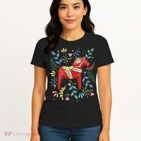 Swedish Dala Horse Folk Art Sweden Flag Dalahelmsoljd Horse Women's T-Shirt thumb 4