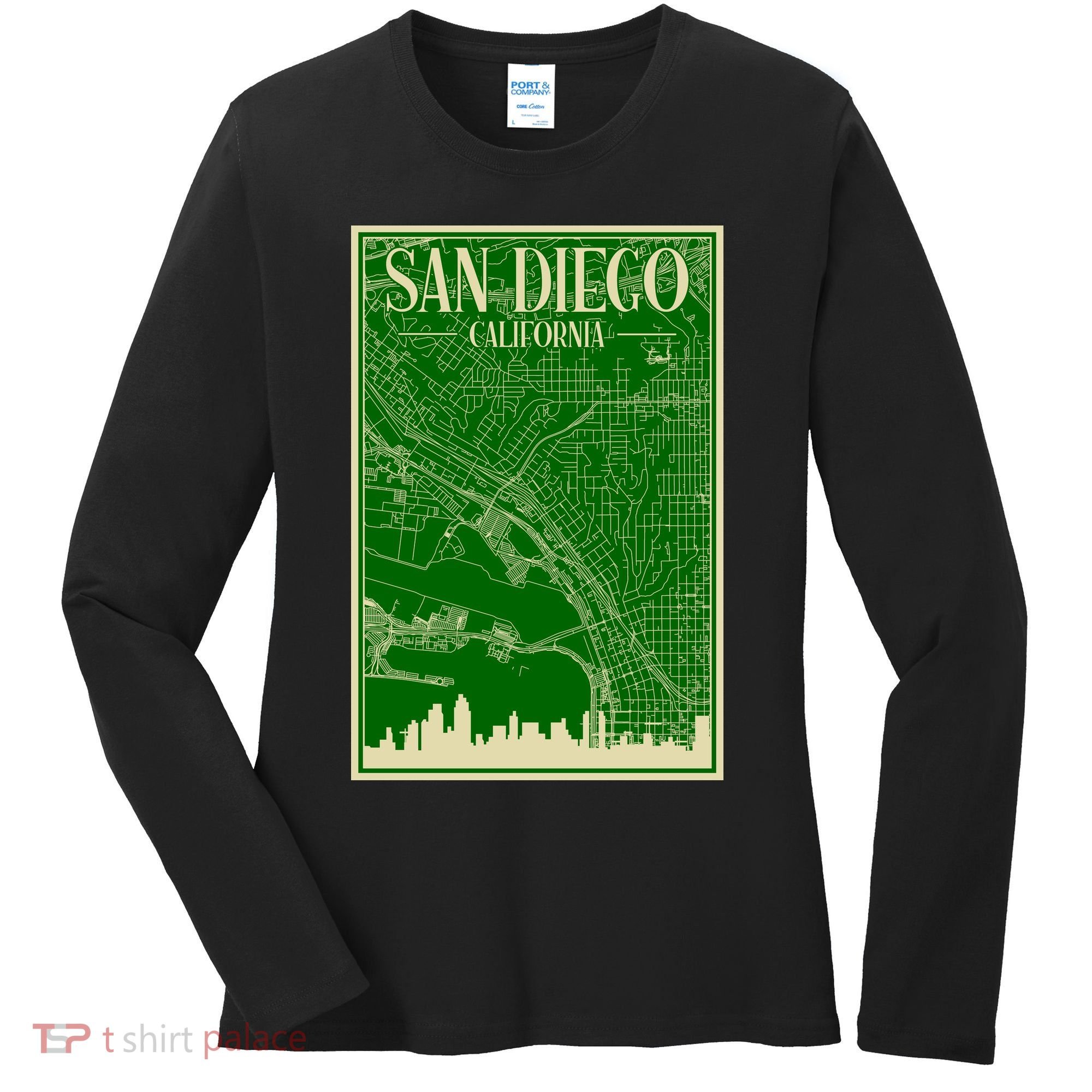 San Diego Hand Drawn Skyline Map Women's Long Sleeve Shirt