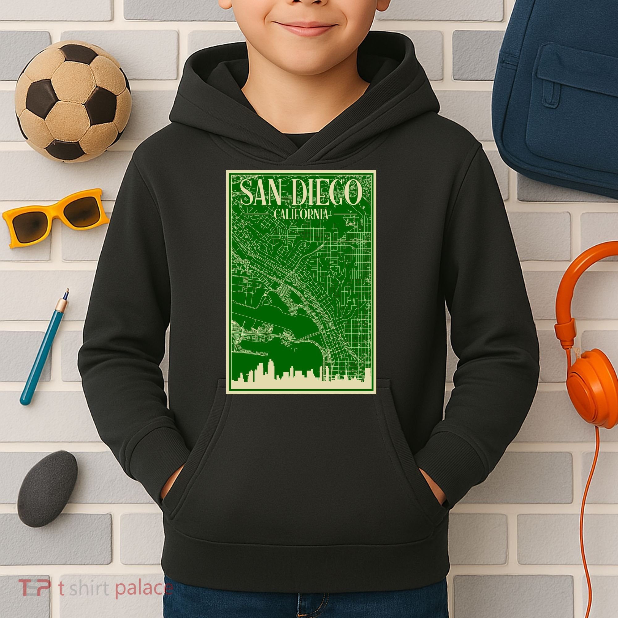 San Diego Hand Drawn Skyline Map Kids Hoodie