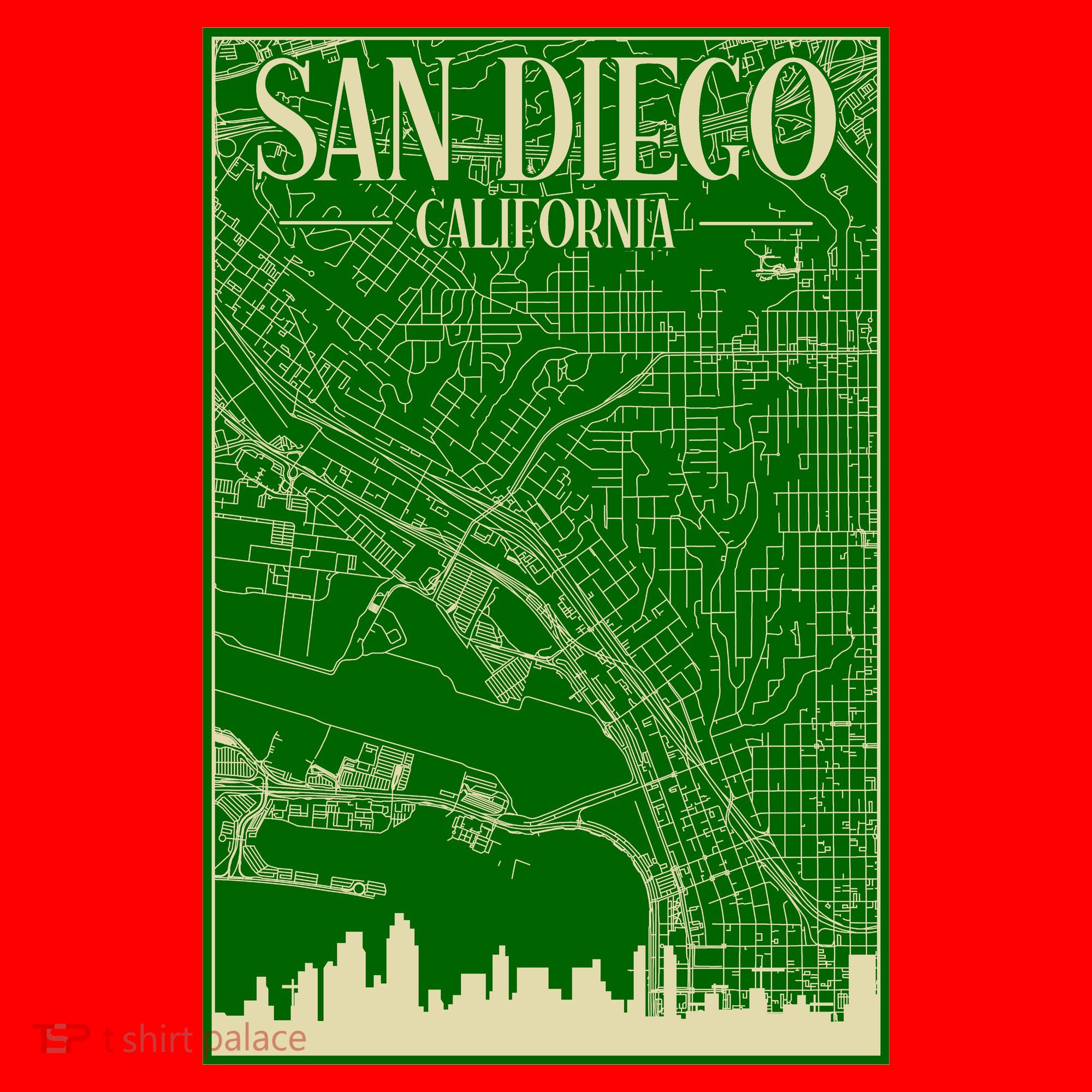 San Diego Hand Drawn Skyline Map Santa Hat