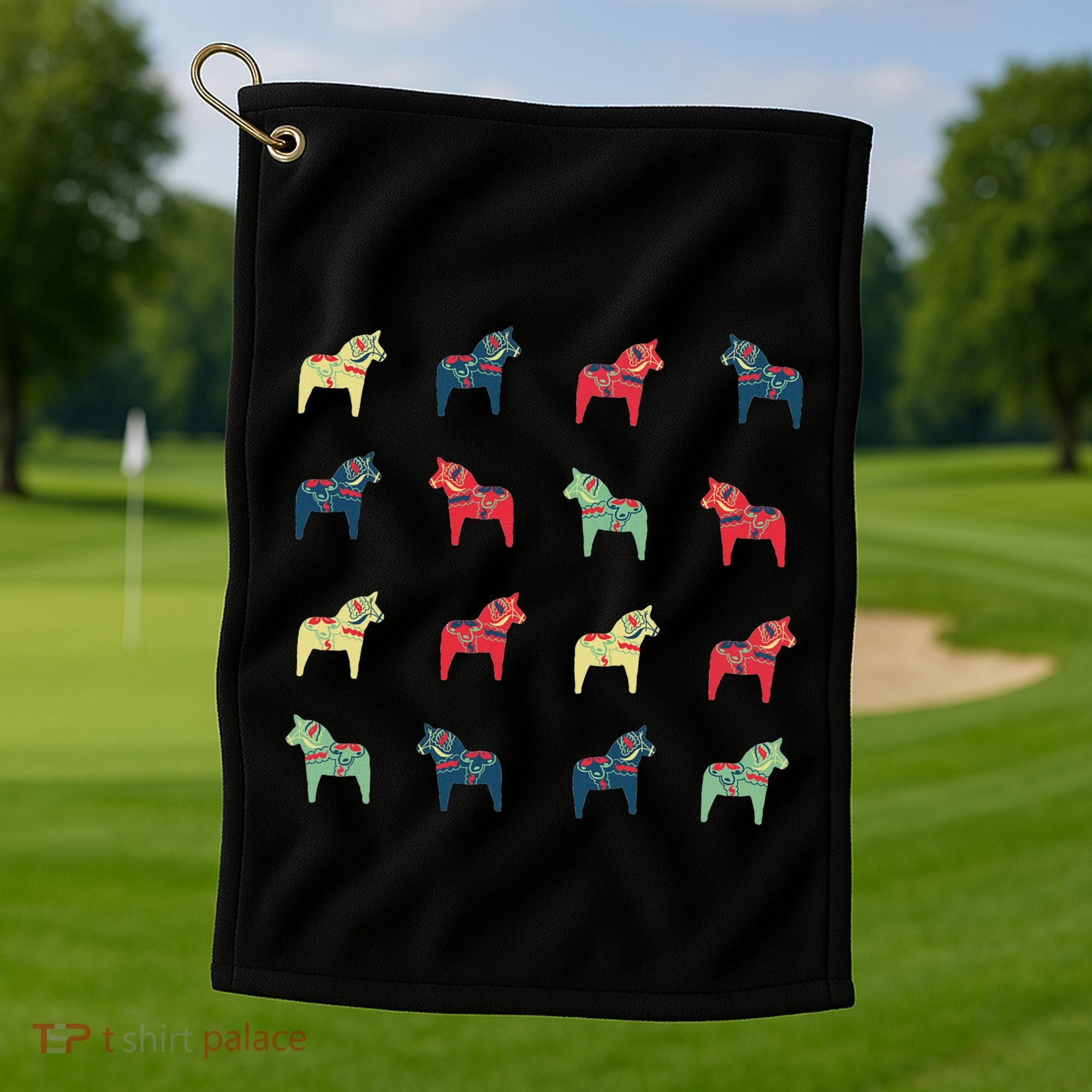 Swedish Dala Horses Dalecarlian Golf Towel