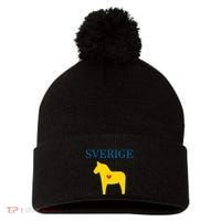 Swedish Dala Horse Midsommar Heart Sverige Pom Pom 12in Knit Beanie thumb 0