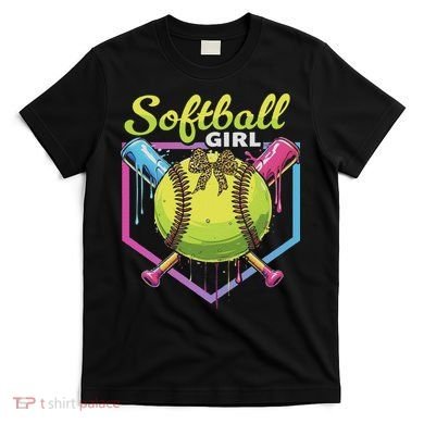 Softball Drip Ice Cream Drip Softball Girl Bow T-Shirt