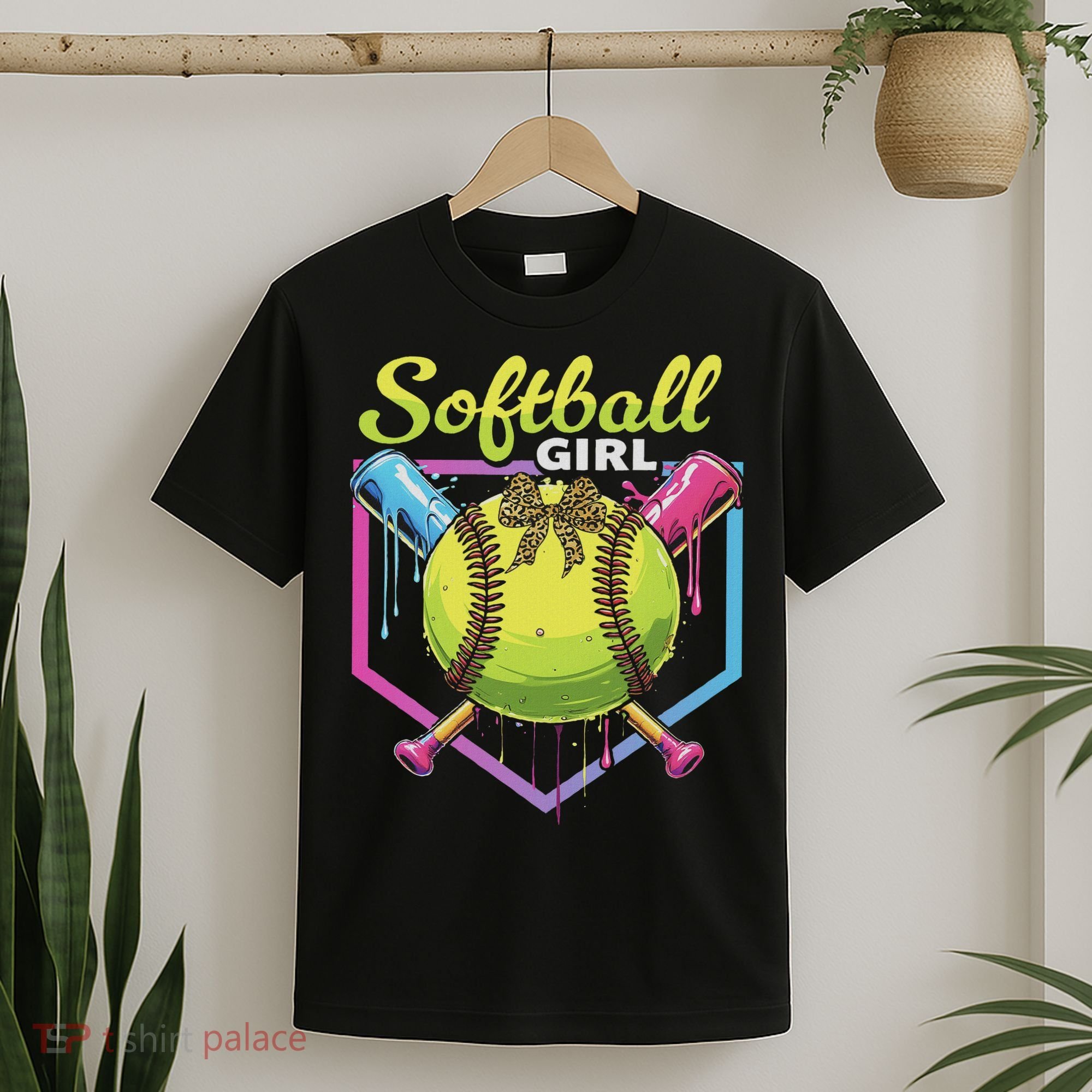 Softball Drip Ice Cream Drip Softball Girl Bow T-Shirt