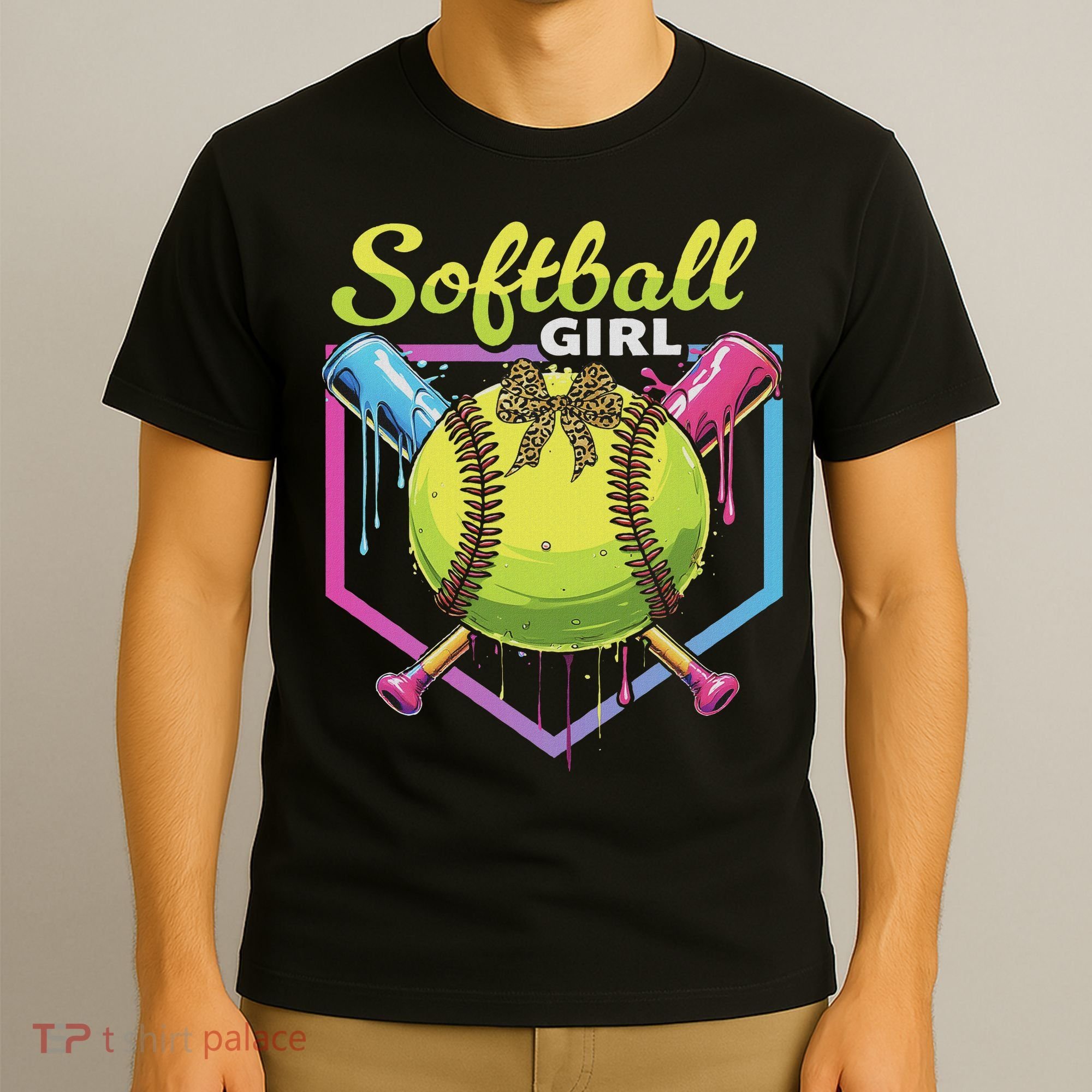 Softball Drip Ice Cream Drip Softball Girl Bow T-Shirt