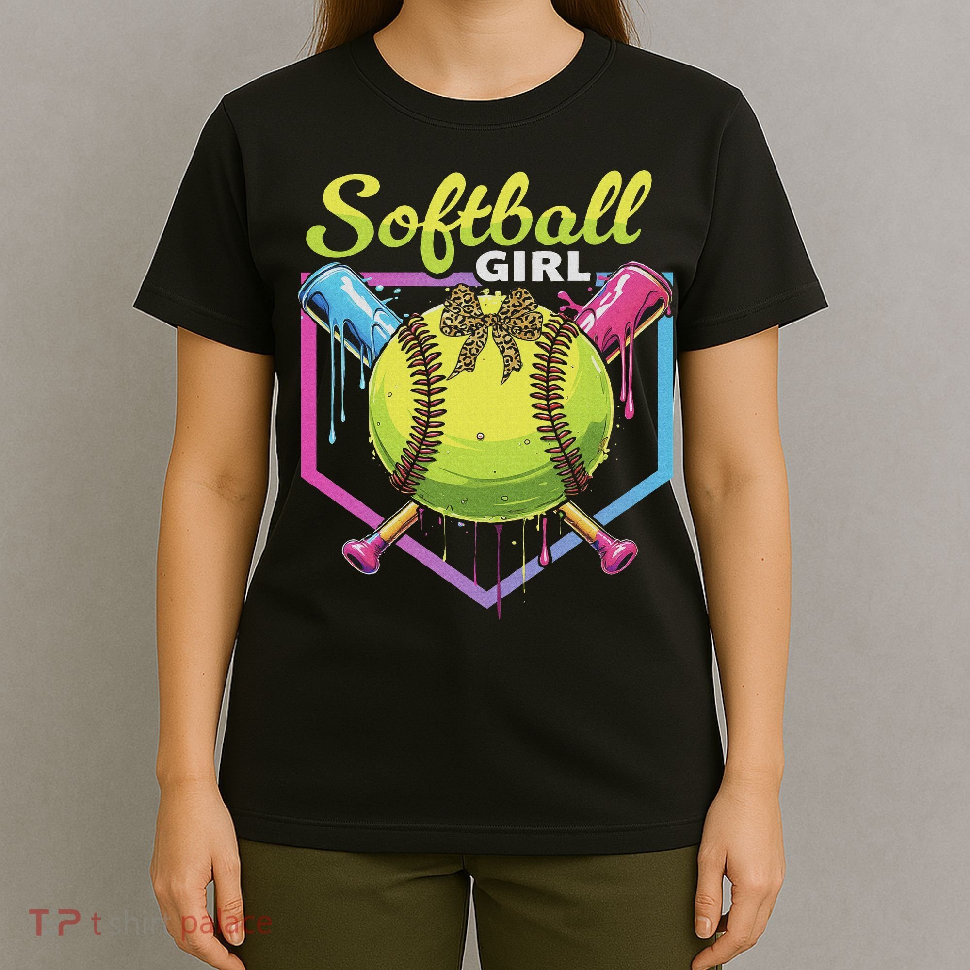 Softball Drip Ice Cream Drip Softball Girl Bow T-Shirt