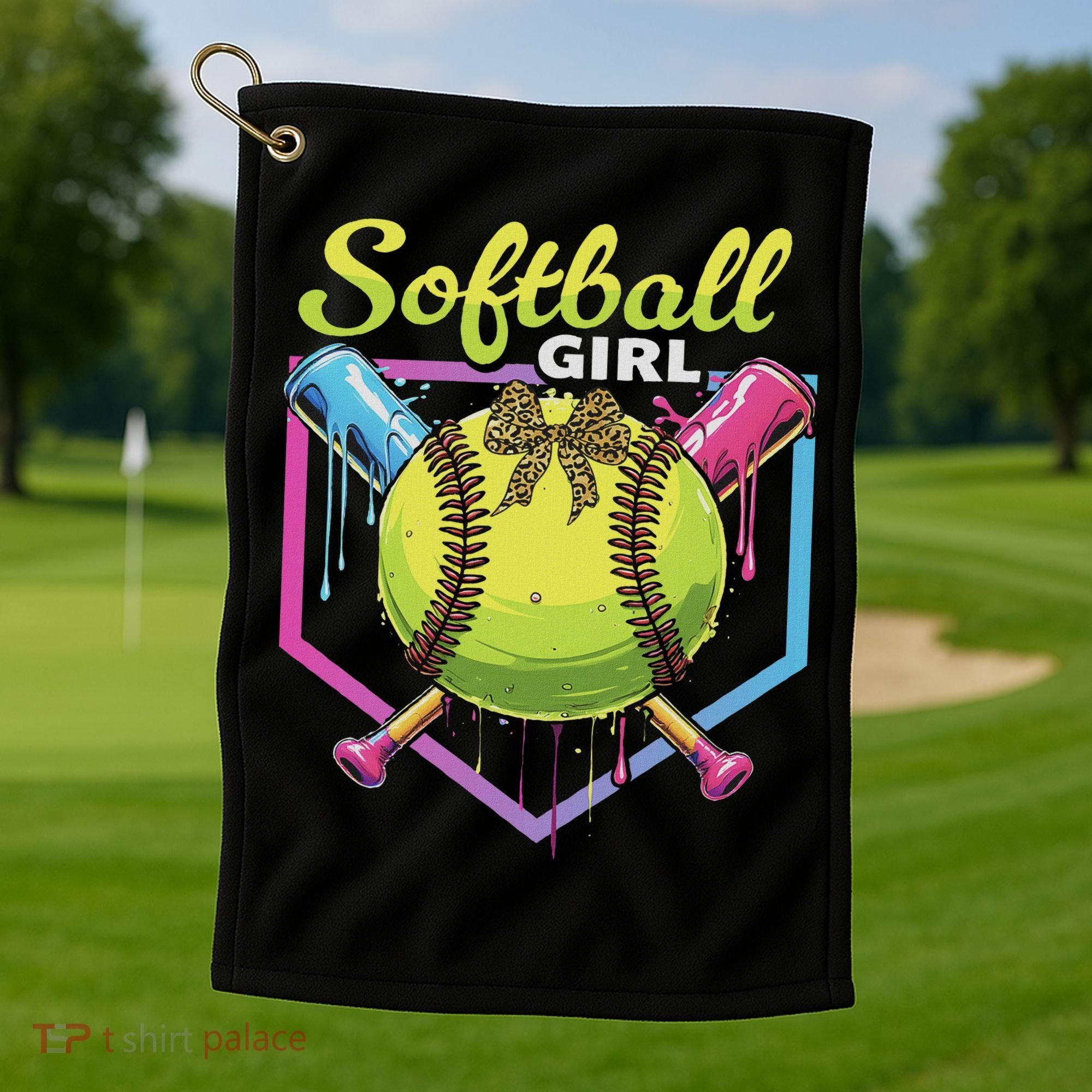 Softball Drip Ice Cream Drip Softball Girl Bow Golf Towel