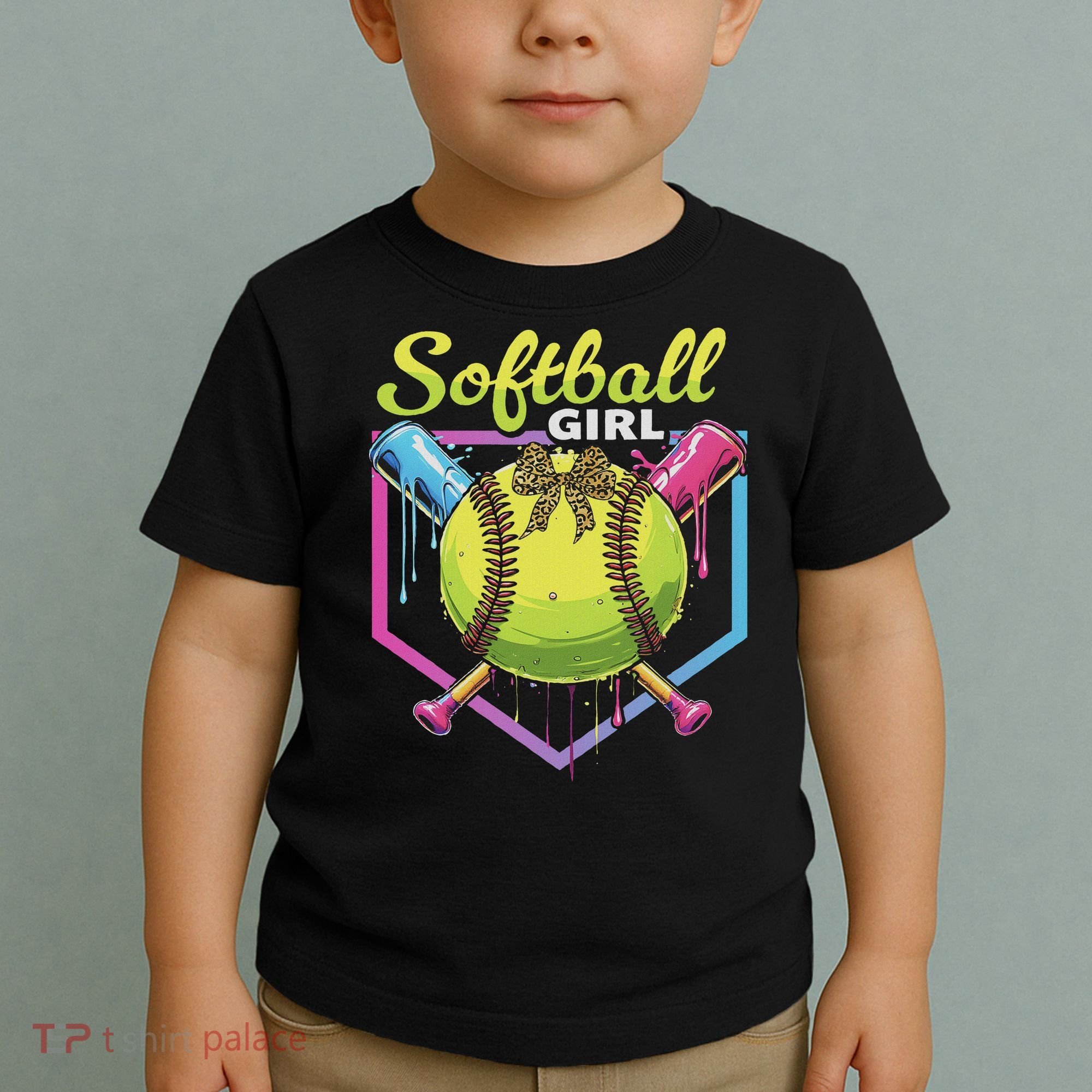 Softball Drip Ice Cream Drip Softball Girl Bow Toddler T-Shirt