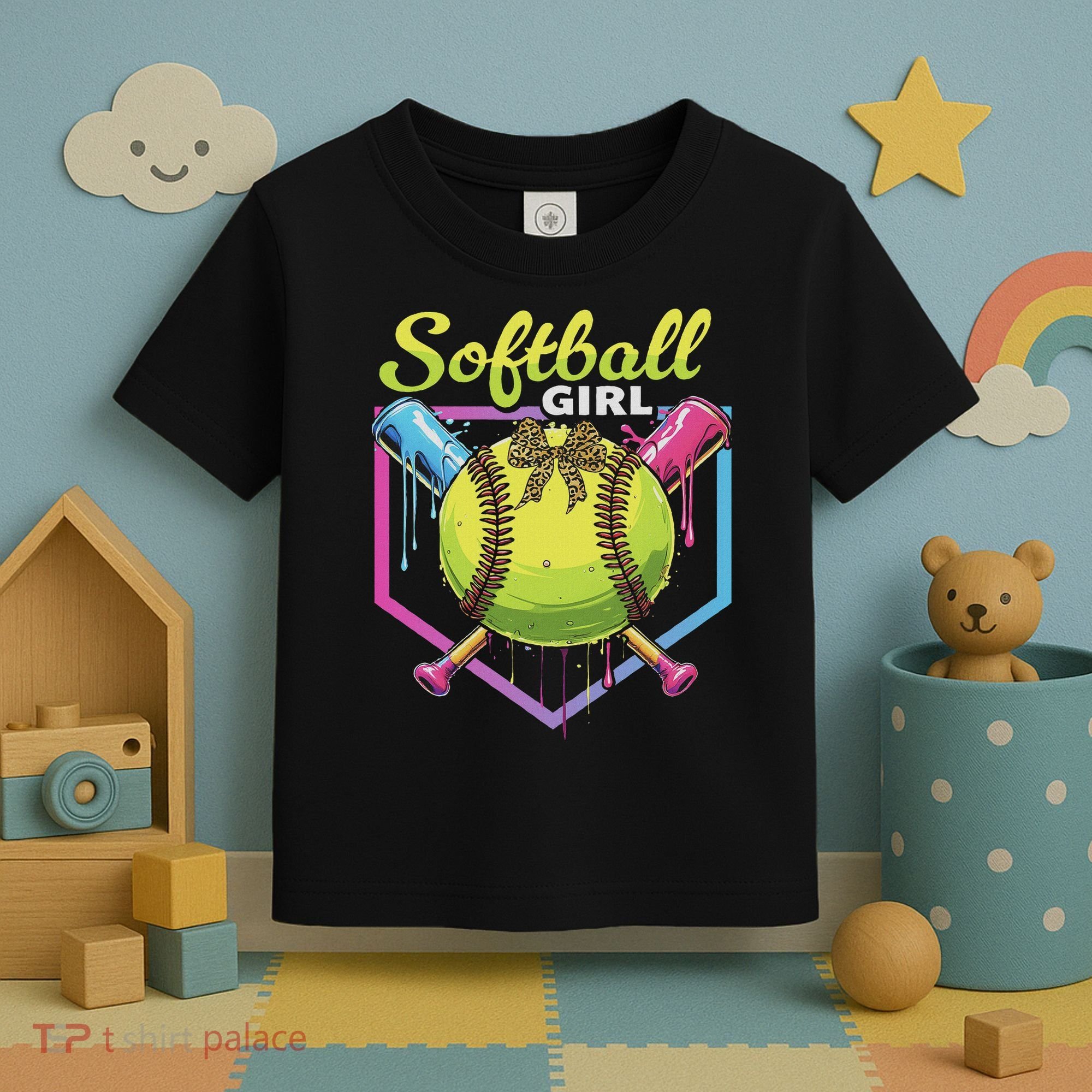 Softball Drip Ice Cream Drip Softball Girl Bow Toddler T-Shirt