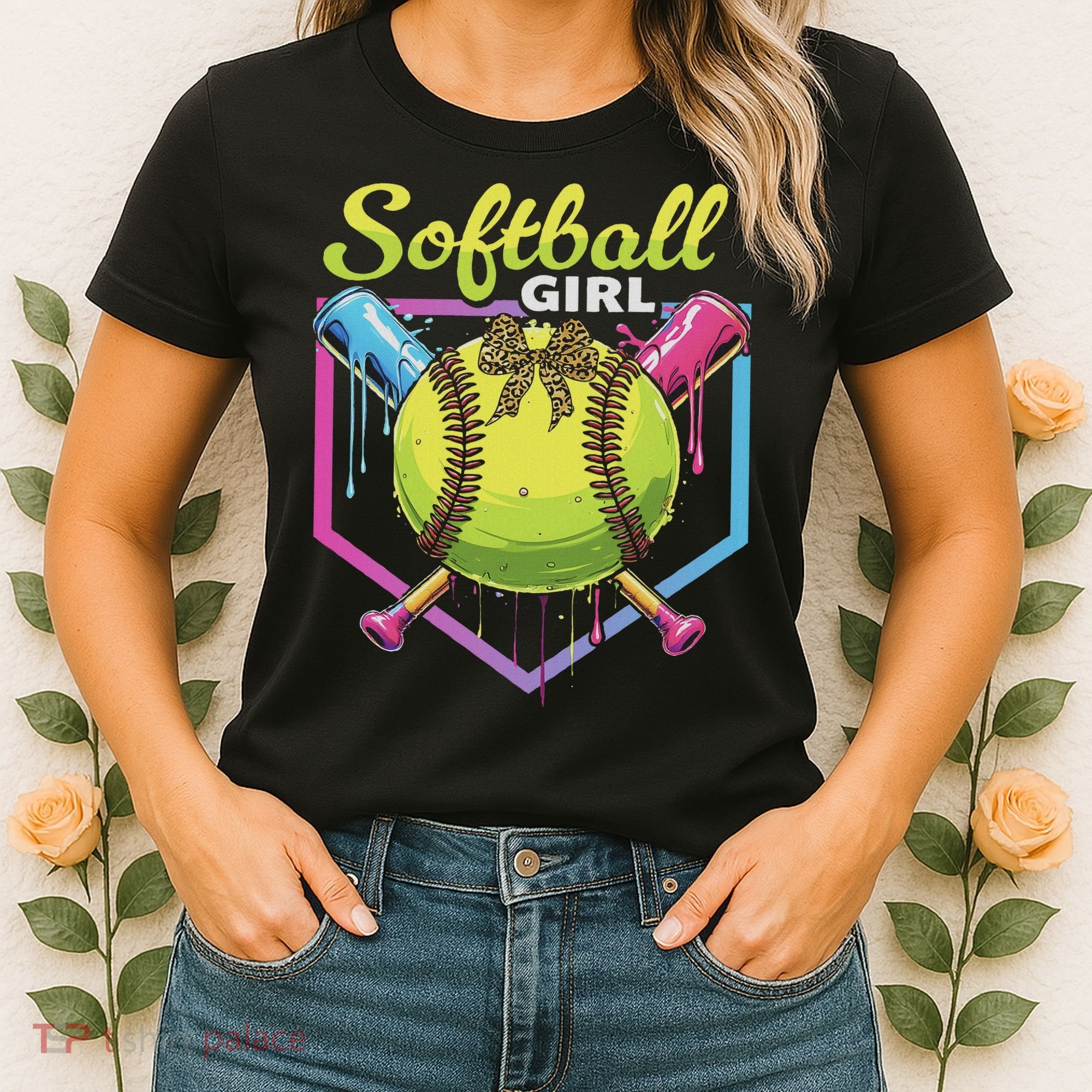 Softball Drip Ice Cream Drip Softball Girl Bow Women's T-Shirt