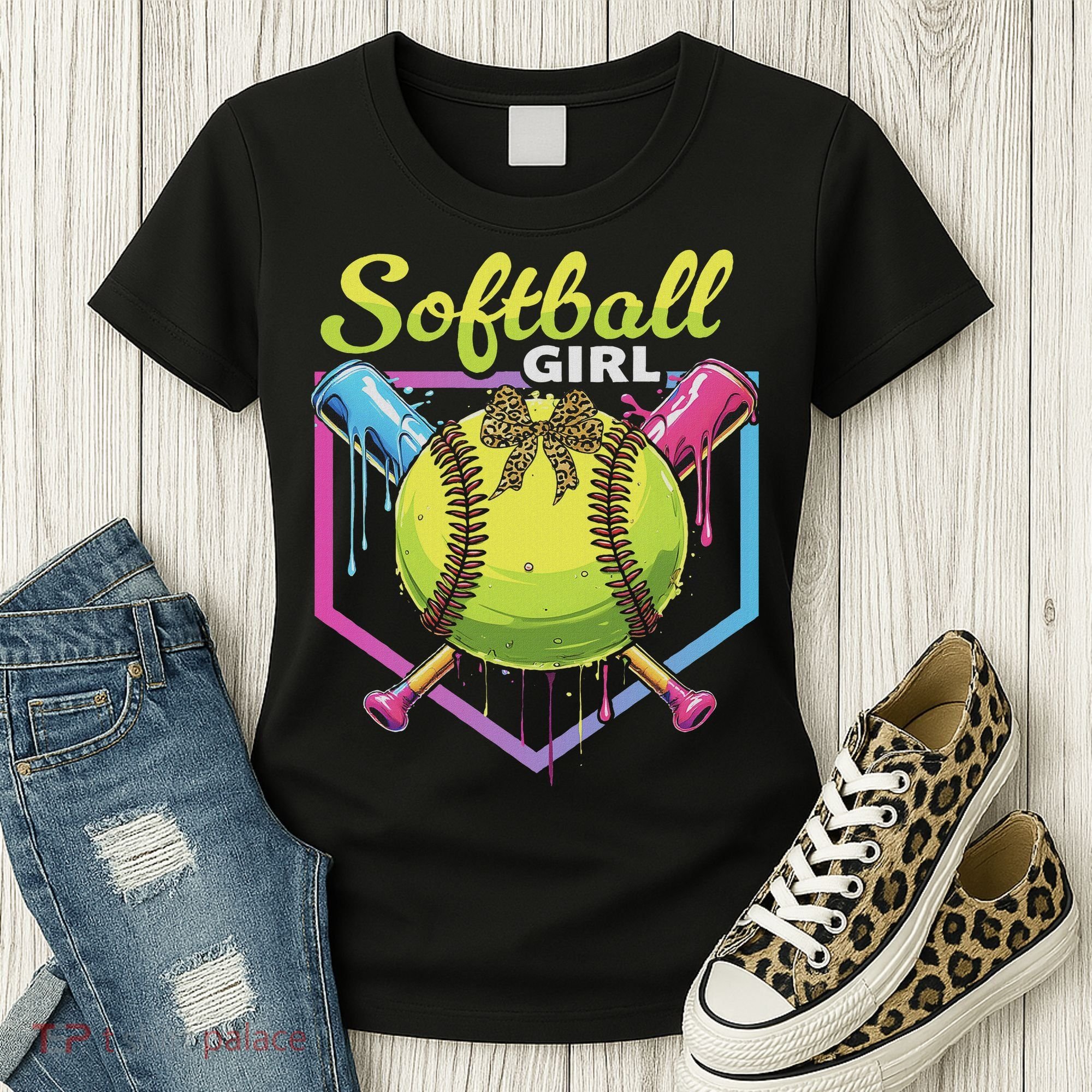 Softball Drip Ice Cream Drip Softball Girl Bow Women's T-Shirt