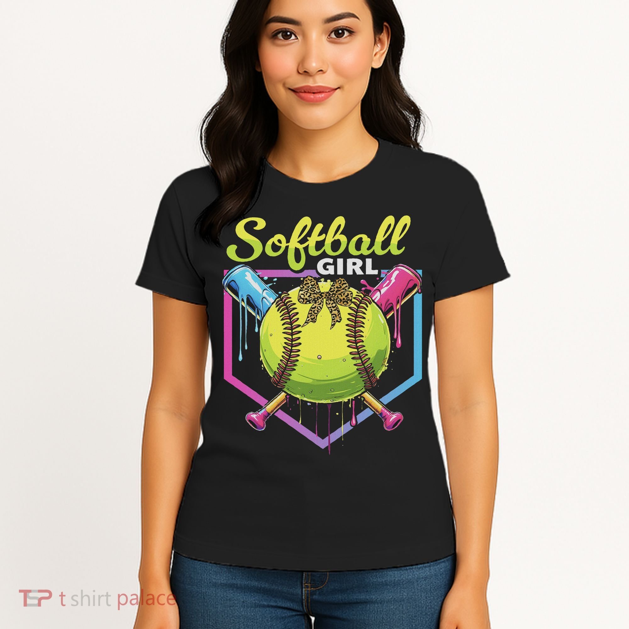 Softball Drip Ice Cream Drip Softball Girl Bow Women's T-Shirt