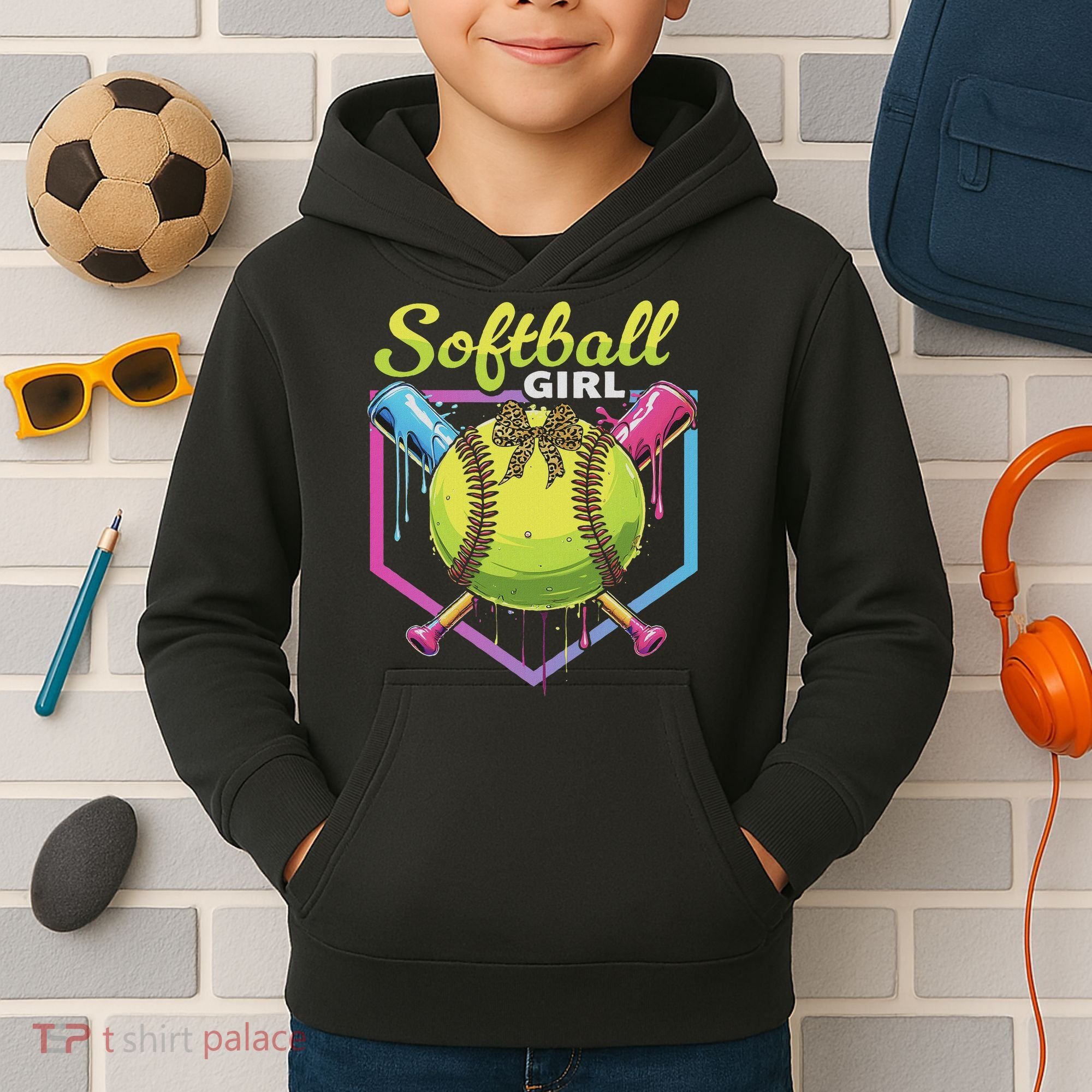 Softball Drip Ice Cream Drip Softball Girl Bow Kids Hoodie