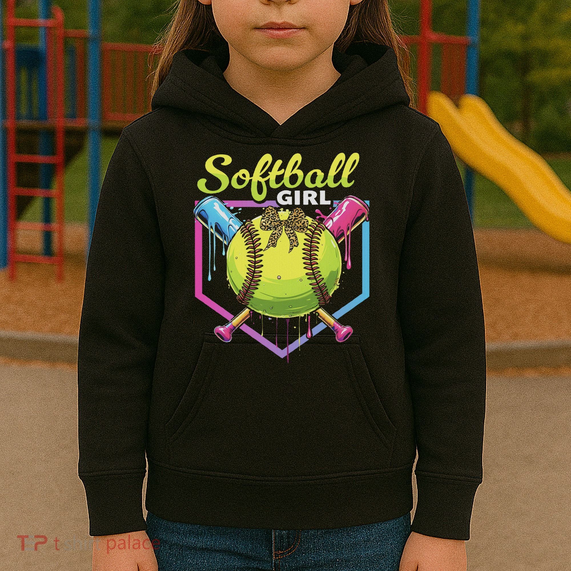 Softball Drip Ice Cream Drip Softball Girl Bow Kids Hoodie