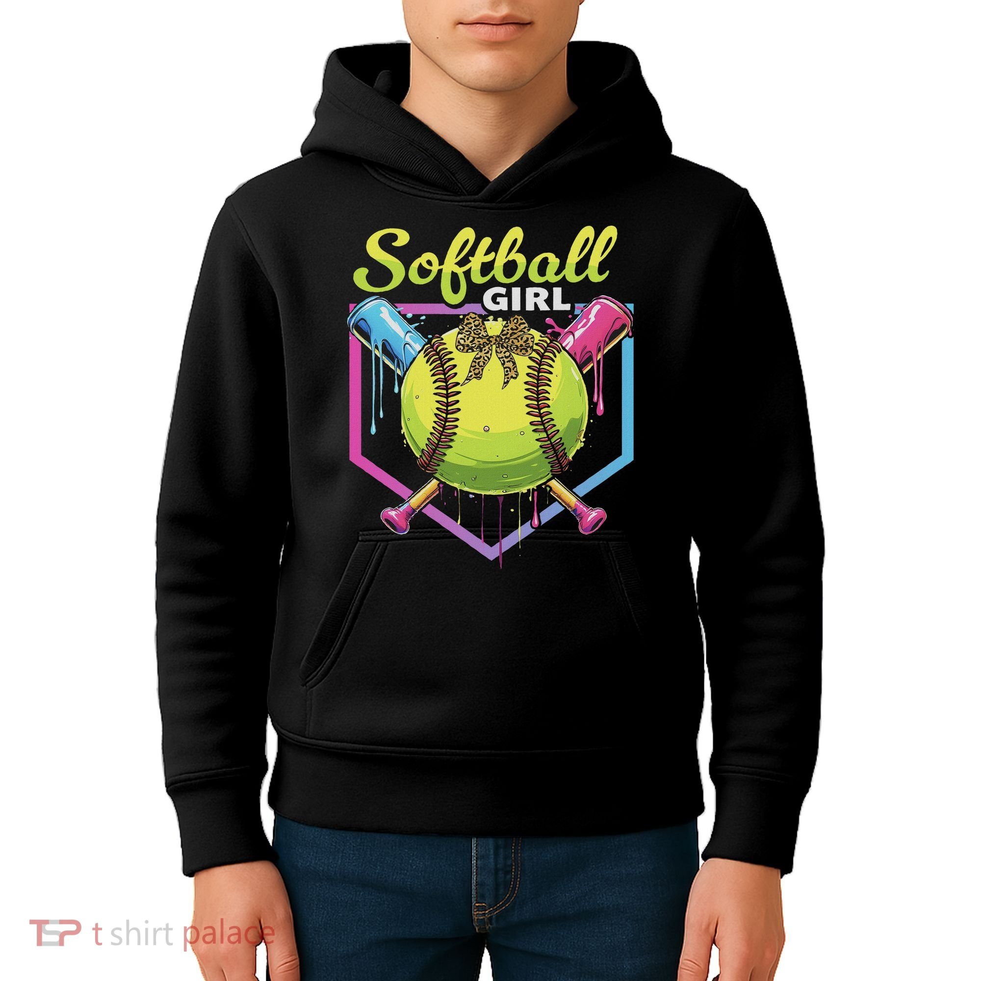Softball Drip Ice Cream Drip Softball Girl Bow Kids Hoodie