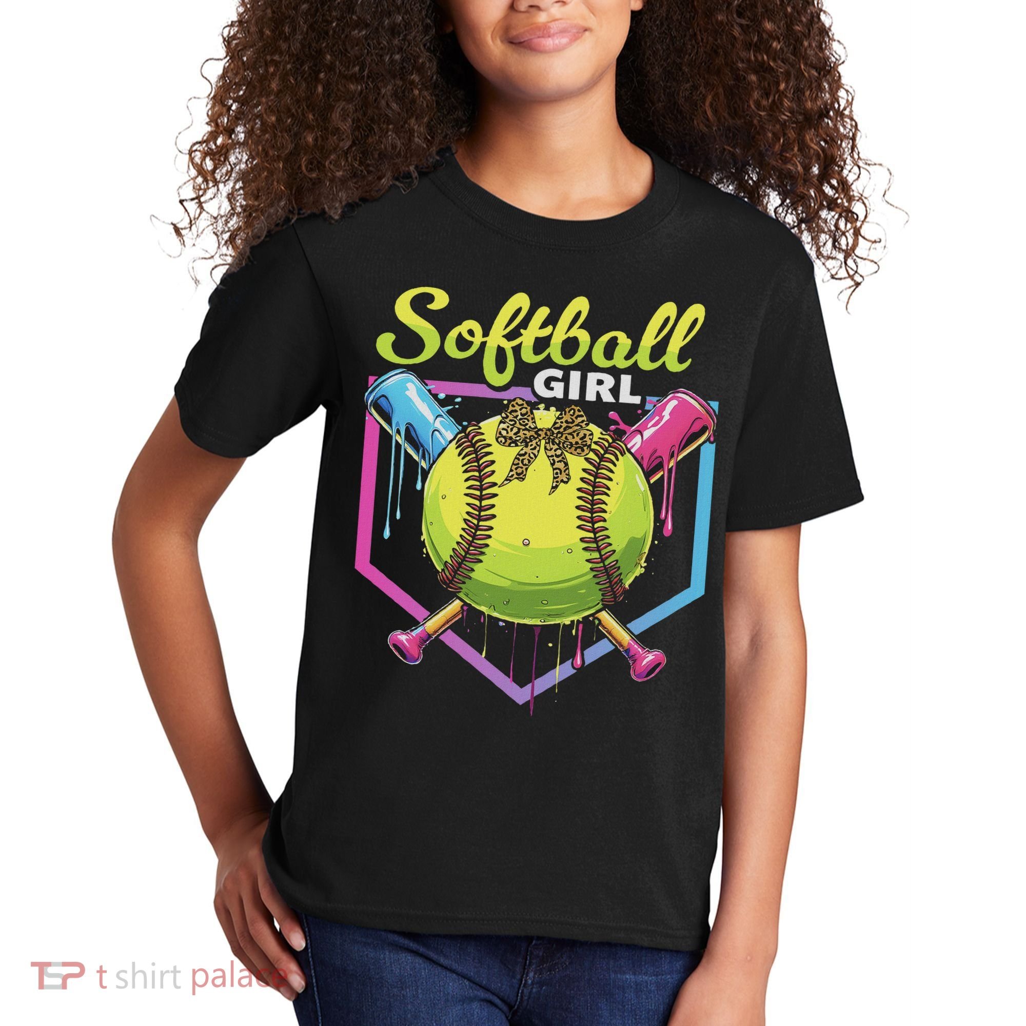 Softball Drip Ice Cream Drip Softball Girl Bow Kids T-Shirt