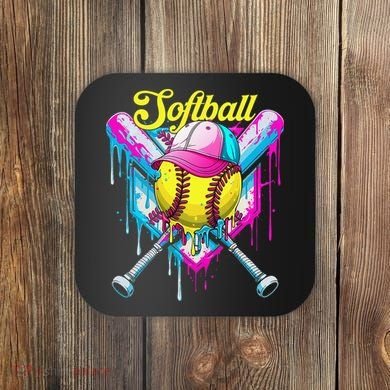 Softball Drip Ice Cream Coquette Bow Softball For Coaster