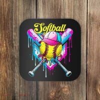 Softball Drip Ice Cream Coquette Bow Softball For Coaster thumb 0