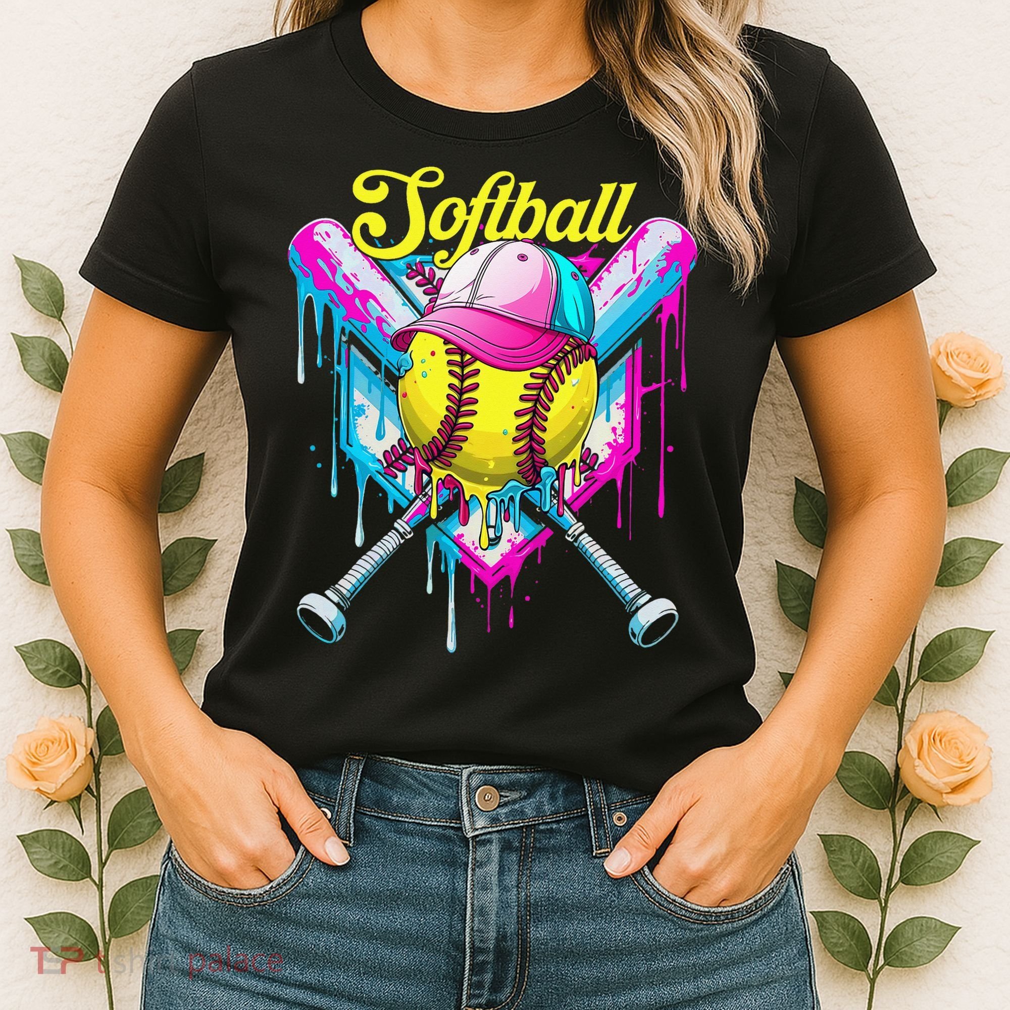 Softball Drip Ice Cream Coquette Bow Softball For Women's T-Shirt