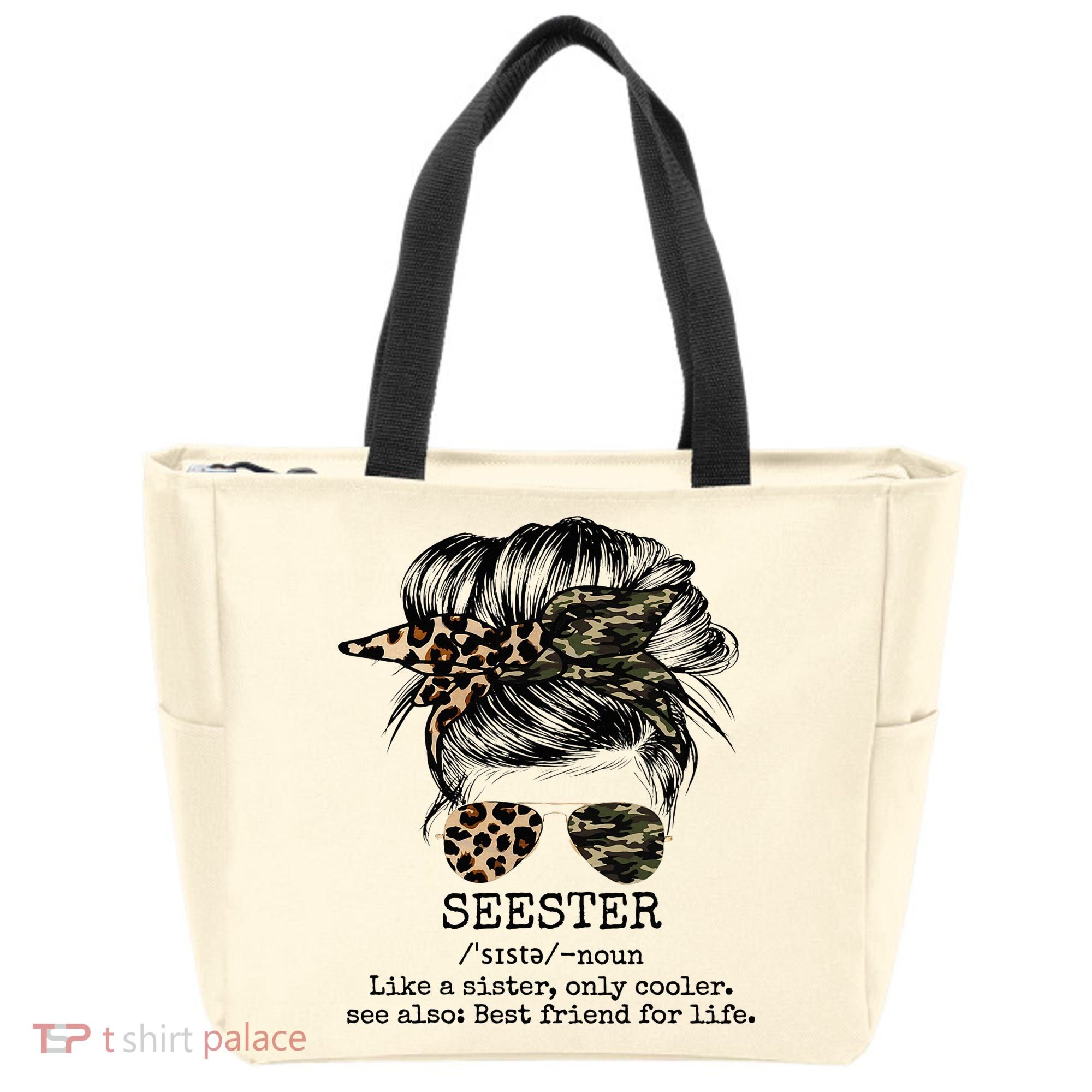 Seester Definition Messy Bun Camo Cheetah Tote Bag