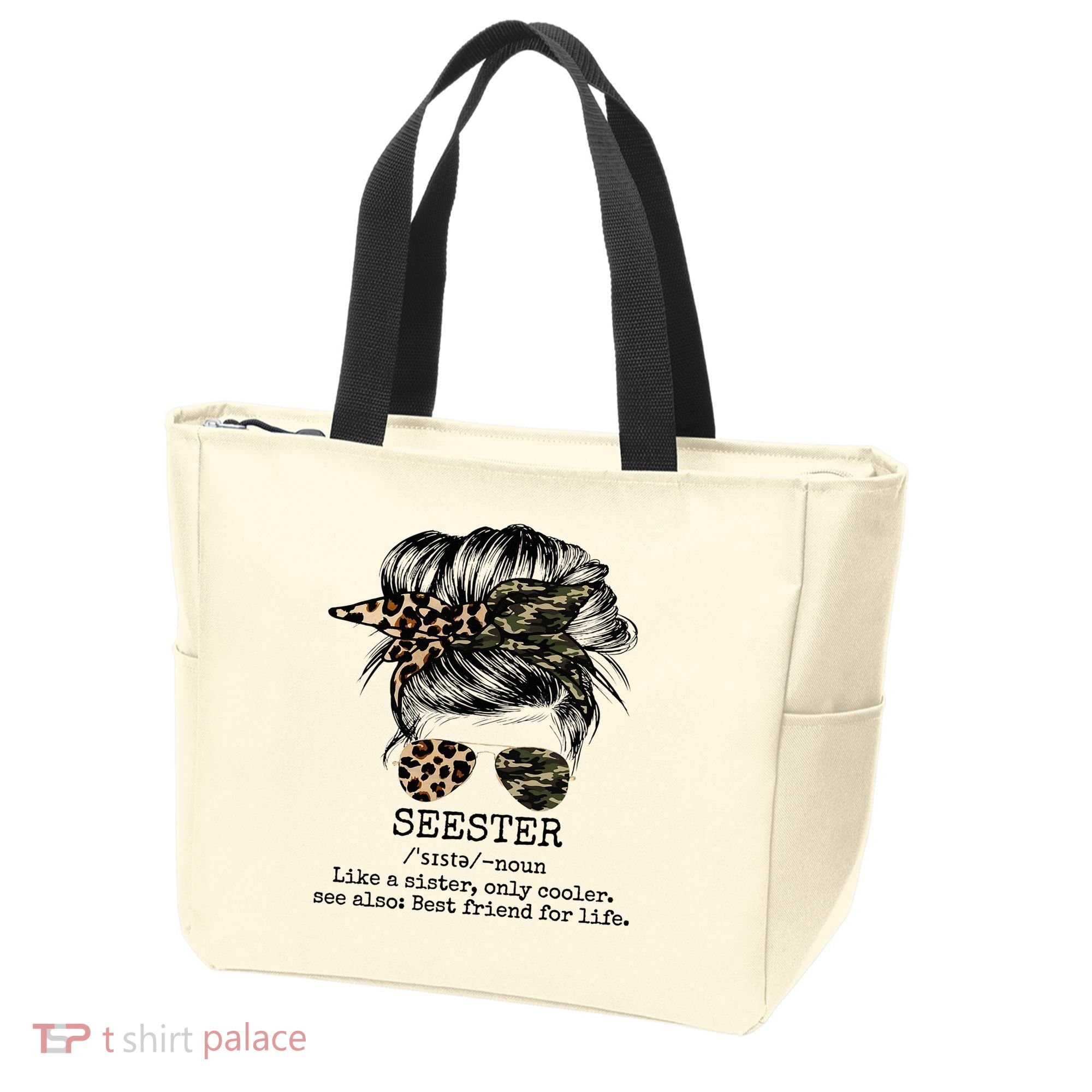 Seester Definition Messy Bun Camo Cheetah Tote Bag