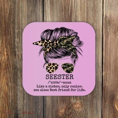 Seester Definition Messy Bun Camo Cheetah Coaster