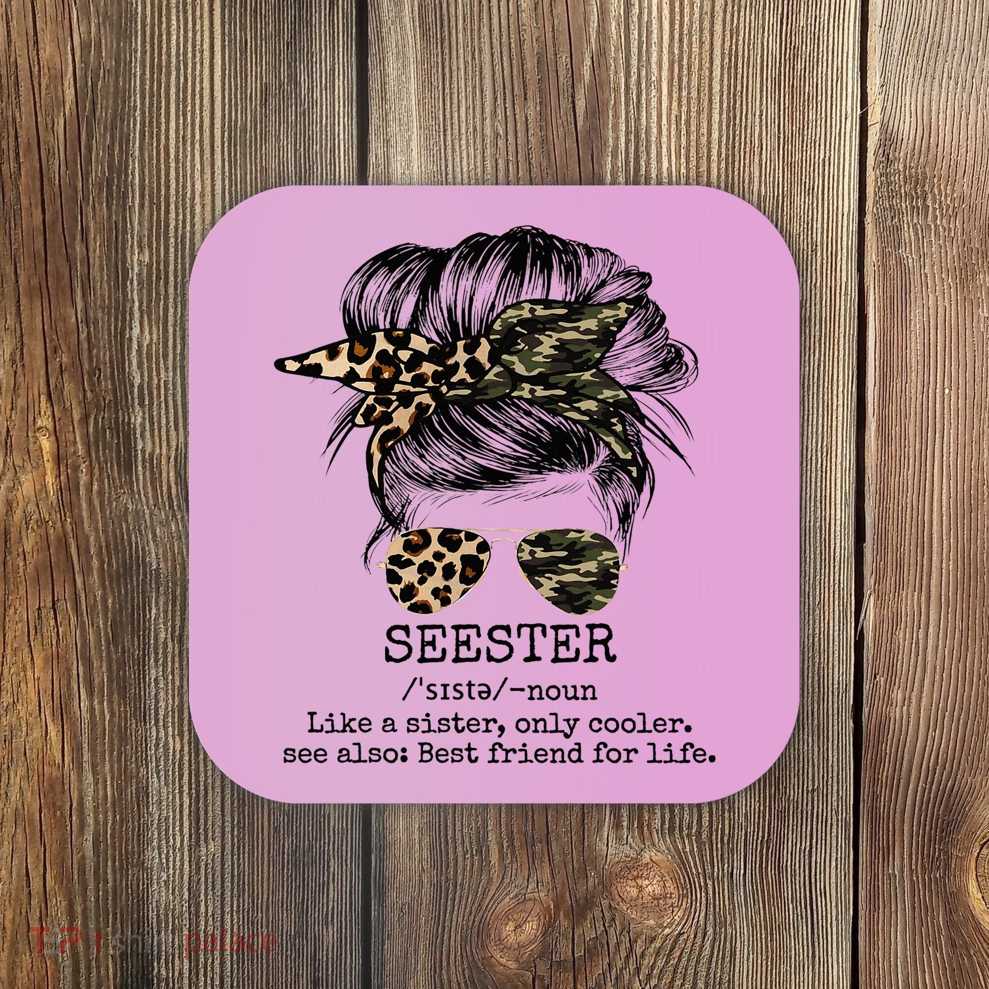 Seester Definition Messy Bun Camo Cheetah Coaster