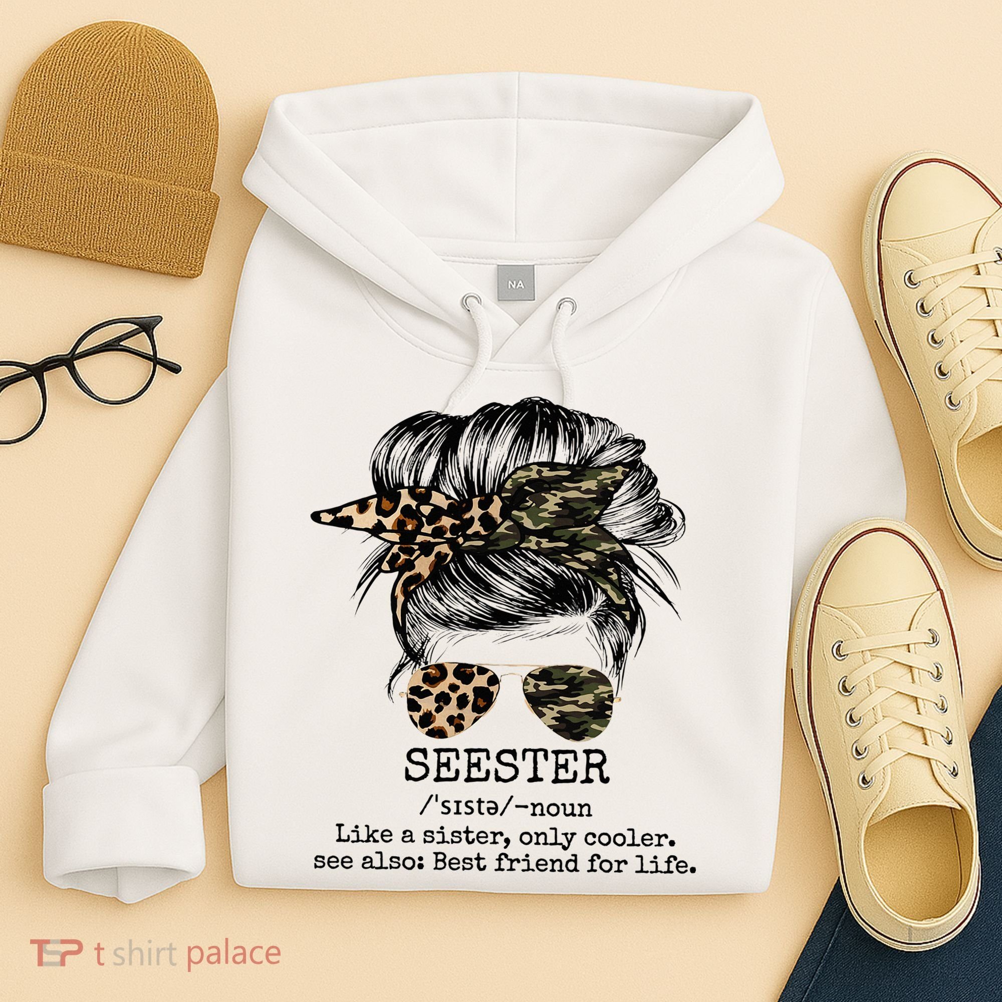 Seester Definition Messy Bun Camo Cheetah Hoodie