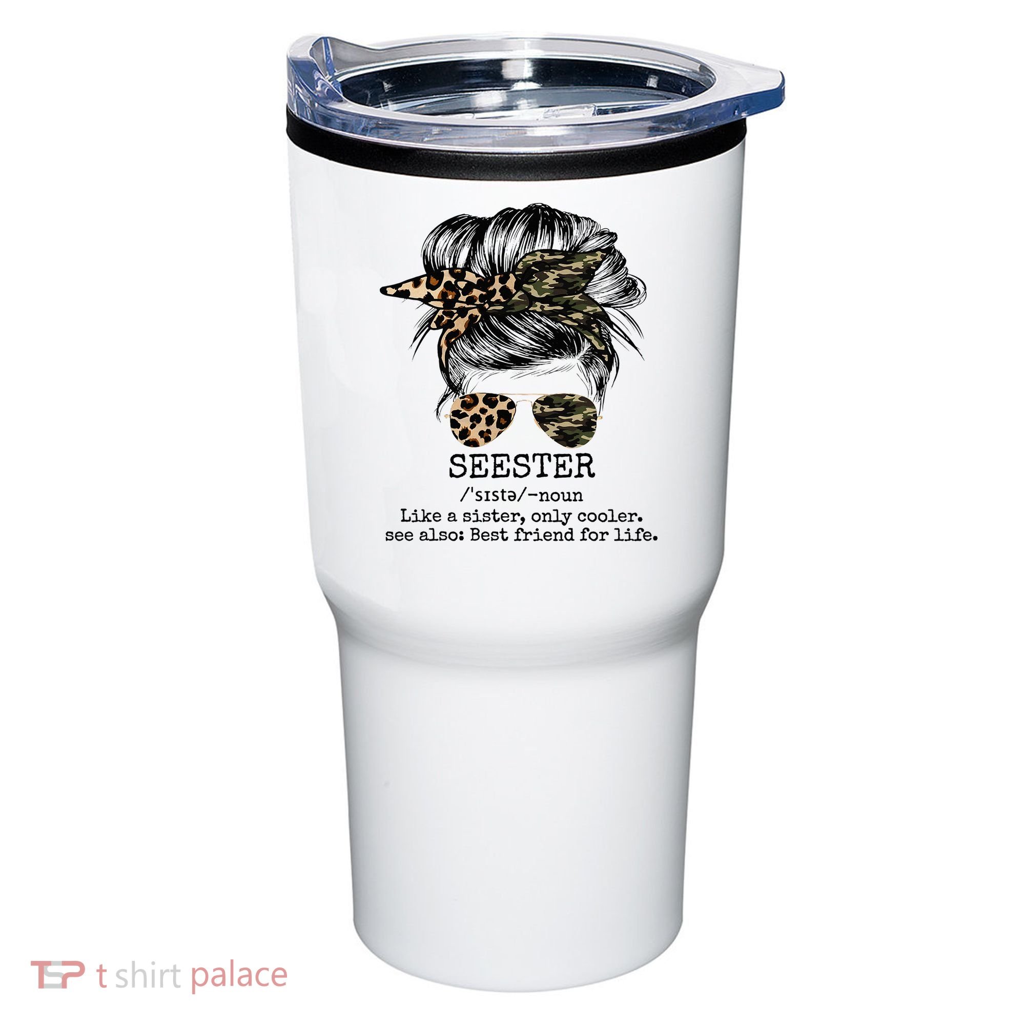 Seester Definition Messy Bun Camo Cheetah Tumbler