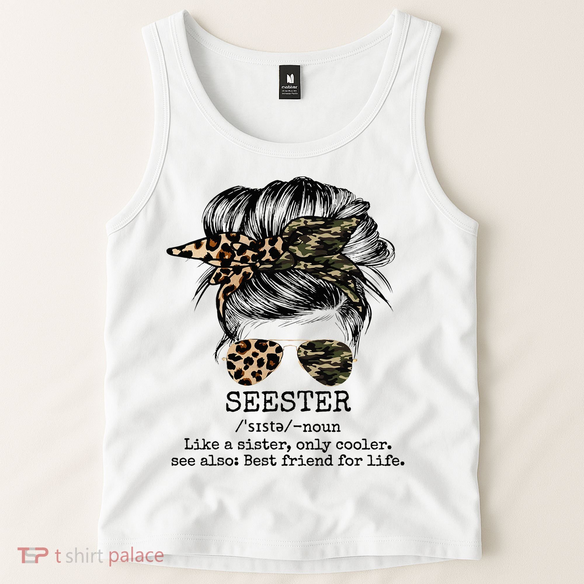 Seester Definition Messy Bun Camo Cheetah Tank Top