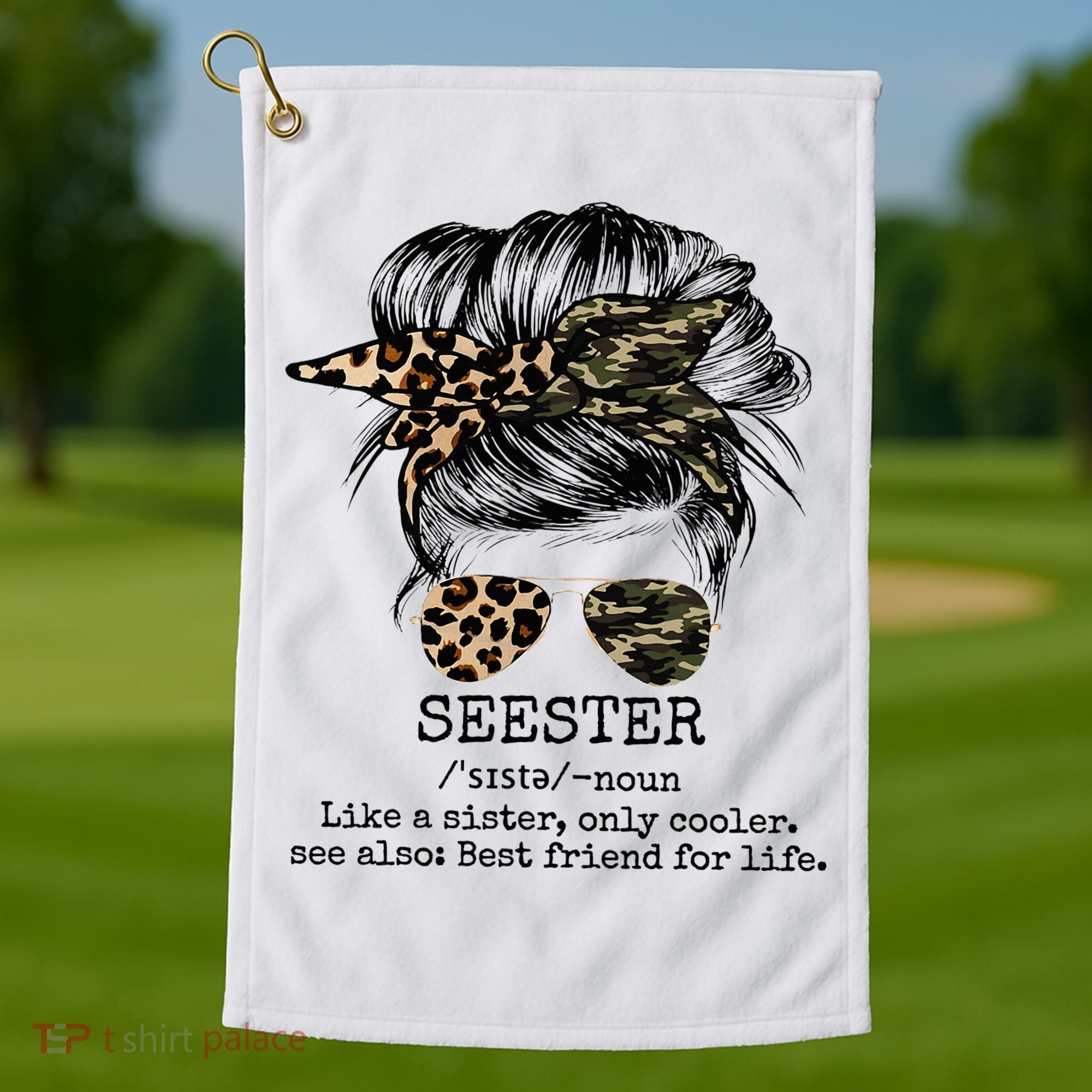 Seester Definition Messy Bun Camo Cheetah Golf Towel