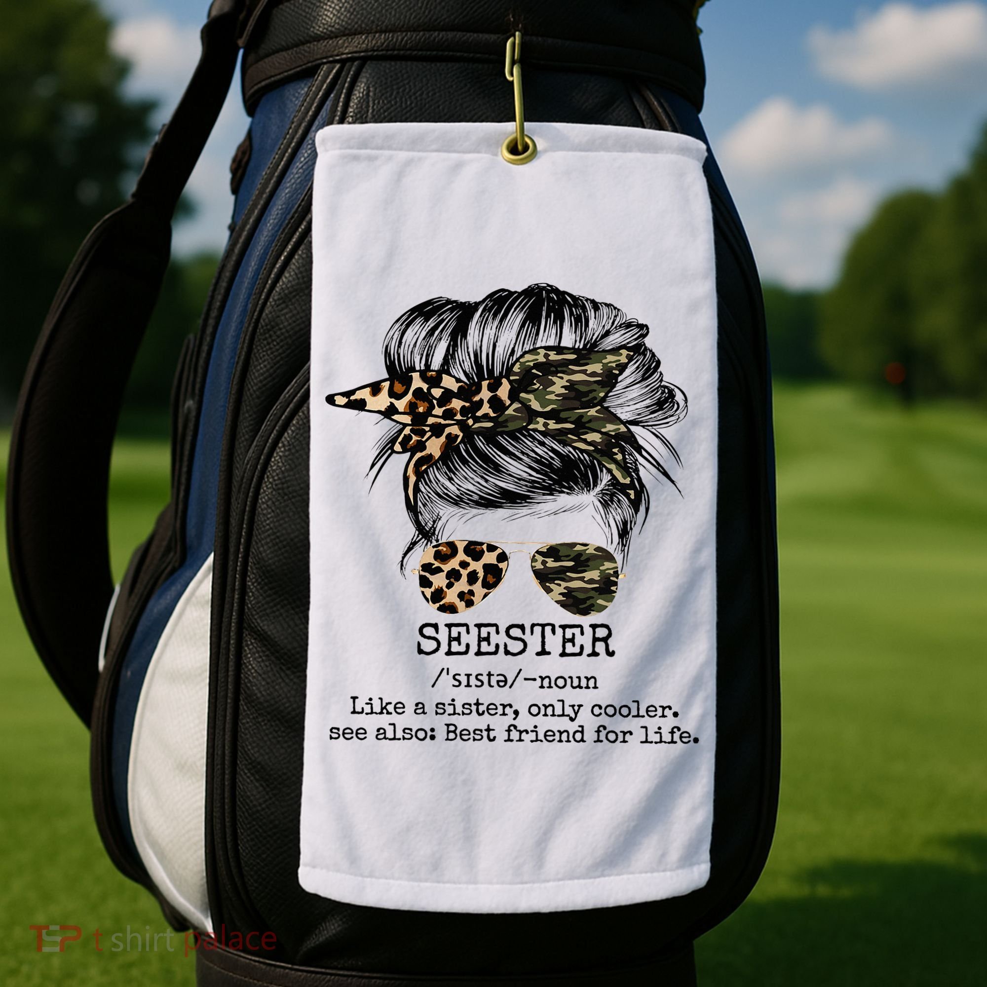 Seester Definition Messy Bun Camo Cheetah Golf Towel
