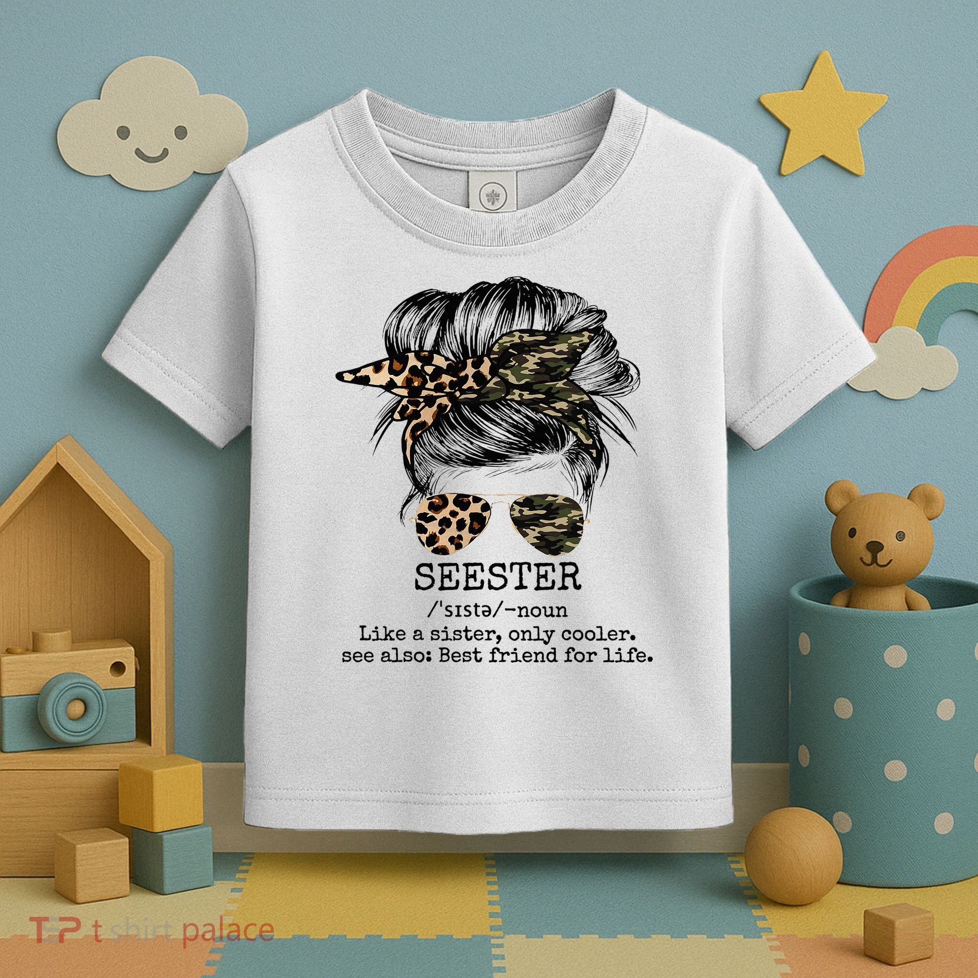Seester Definition Messy Bun Camo Cheetah Toddler T-Shirt