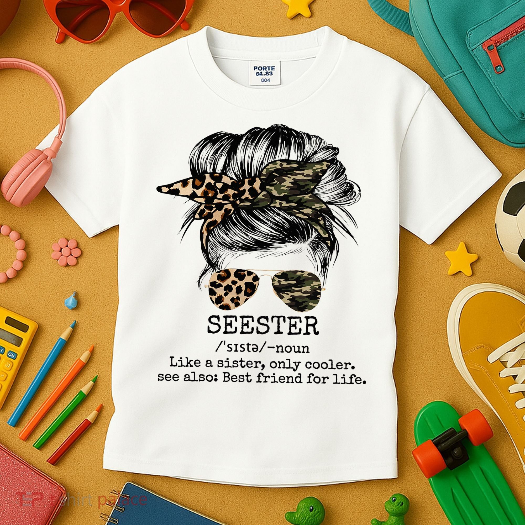 Seester Definition Messy Bun Camo Cheetah Kids T-Shirt