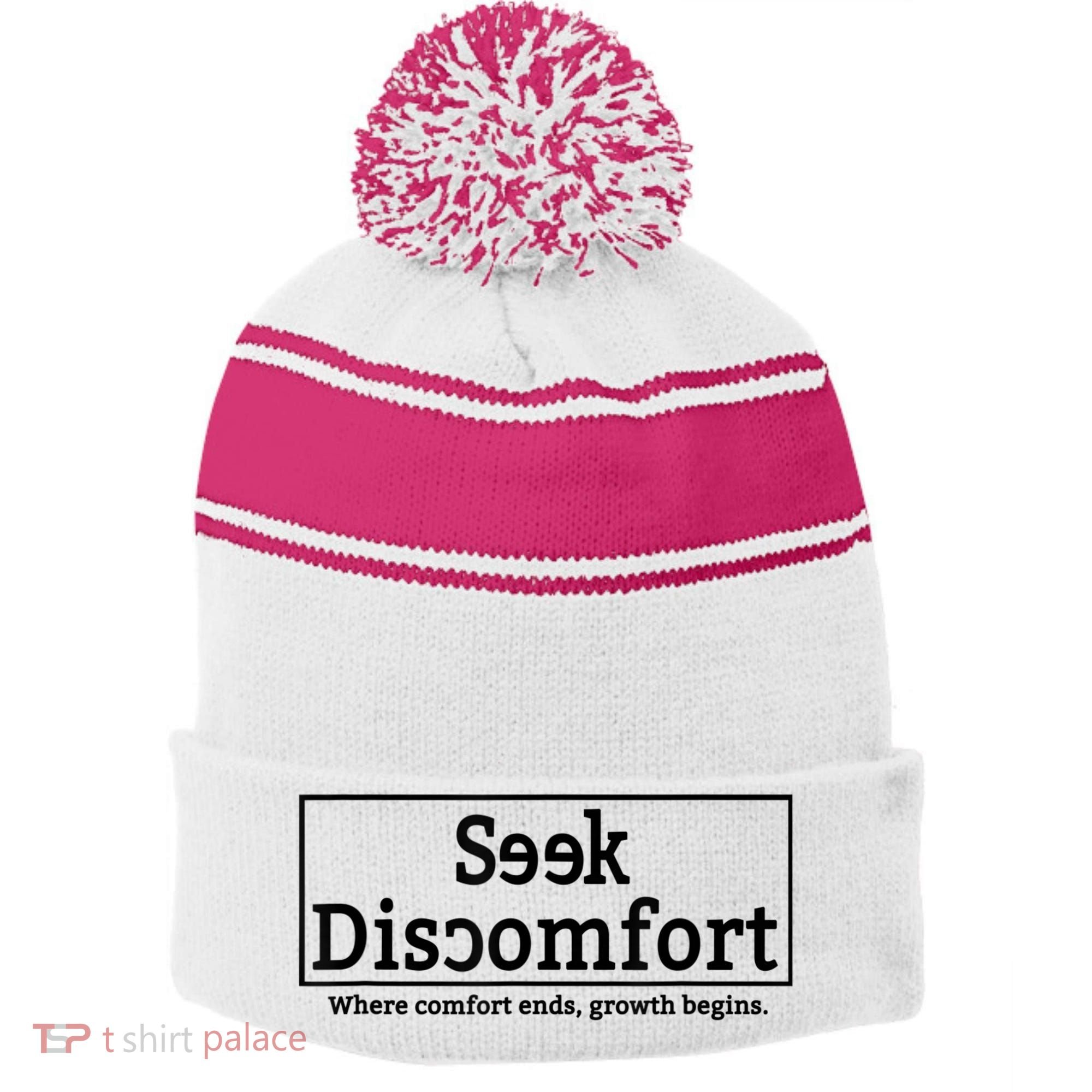 Seek Discomfort Motivational Quote Inspirational Change Stripe Pom Pom Beanie