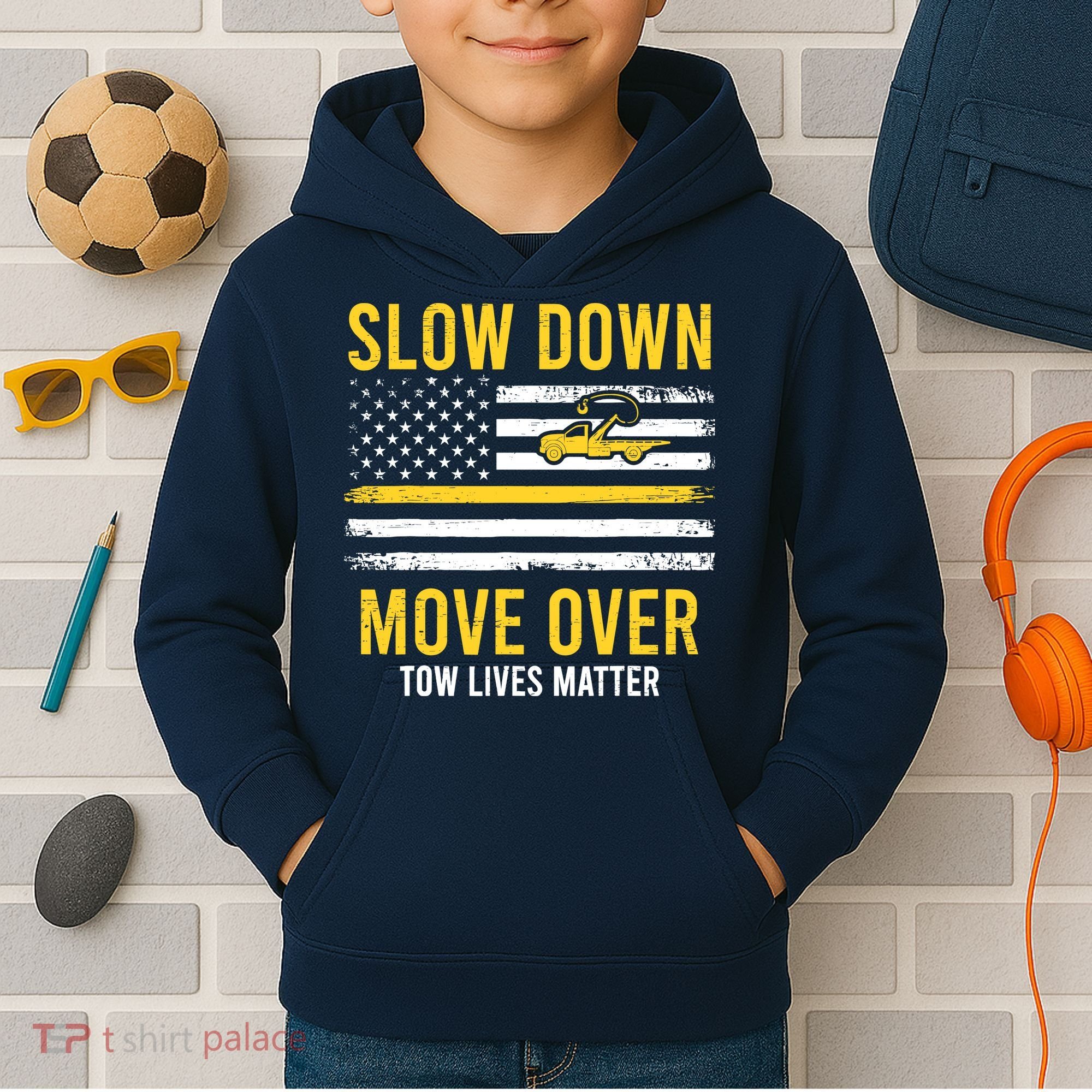 Slow Down Move Over Tow Lives Matter Driver American Flag Kids Hoodie
