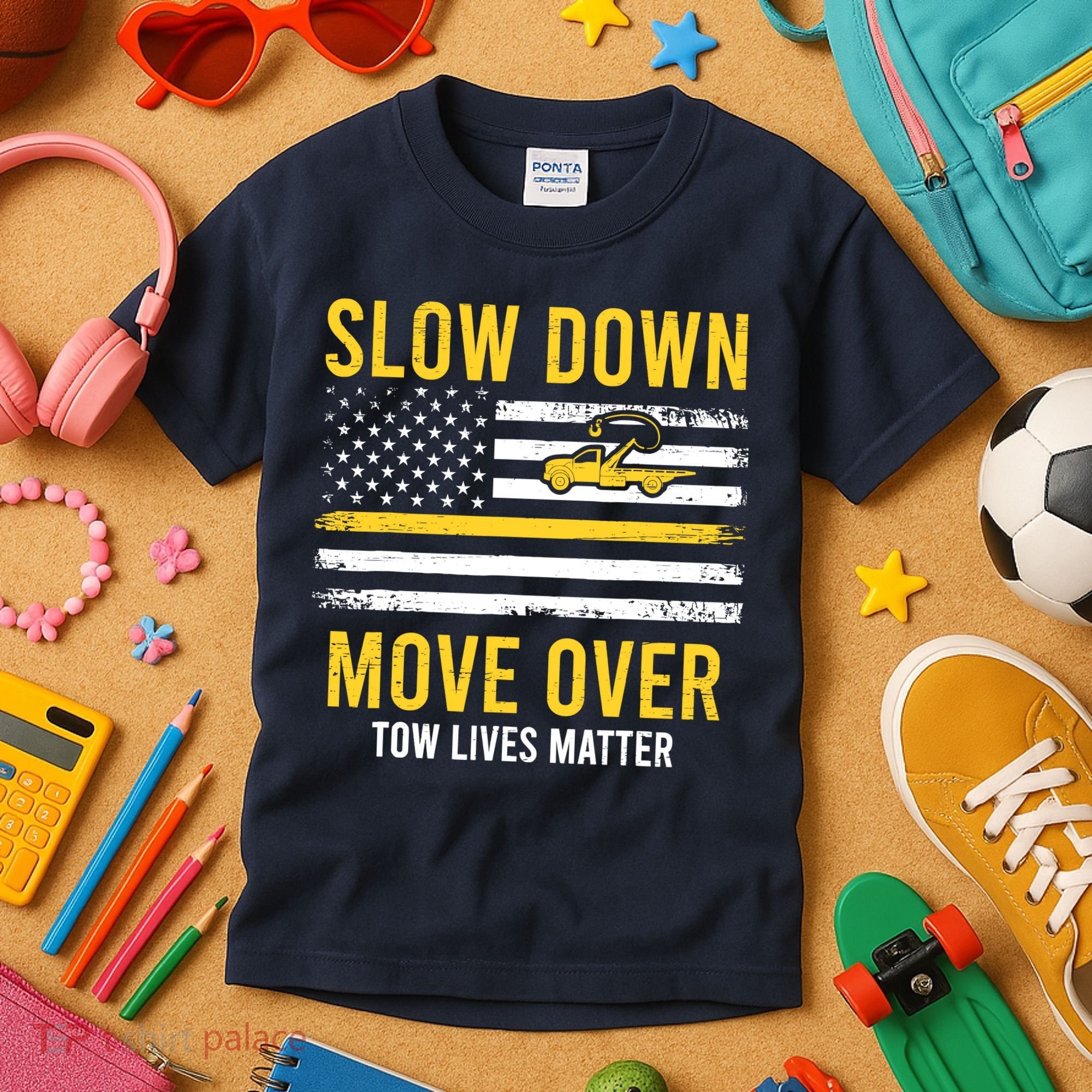 Slow Down Move Over Tow Lives Matter Driver American Flag Kids T-Shirt