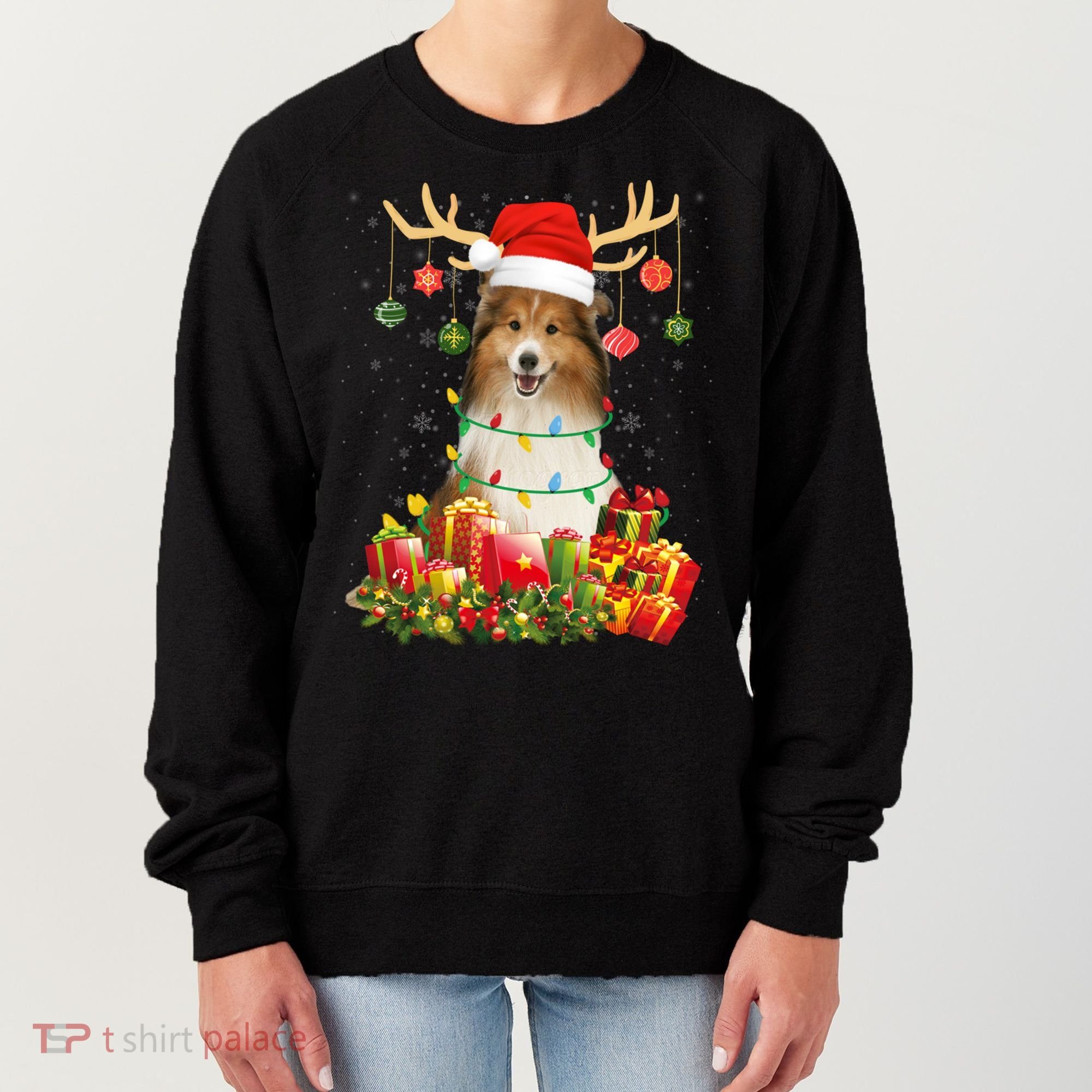 Sheltie Dog Reindeer Santa Hat Christmas Light Xmas Gift Women's Sweatshirt