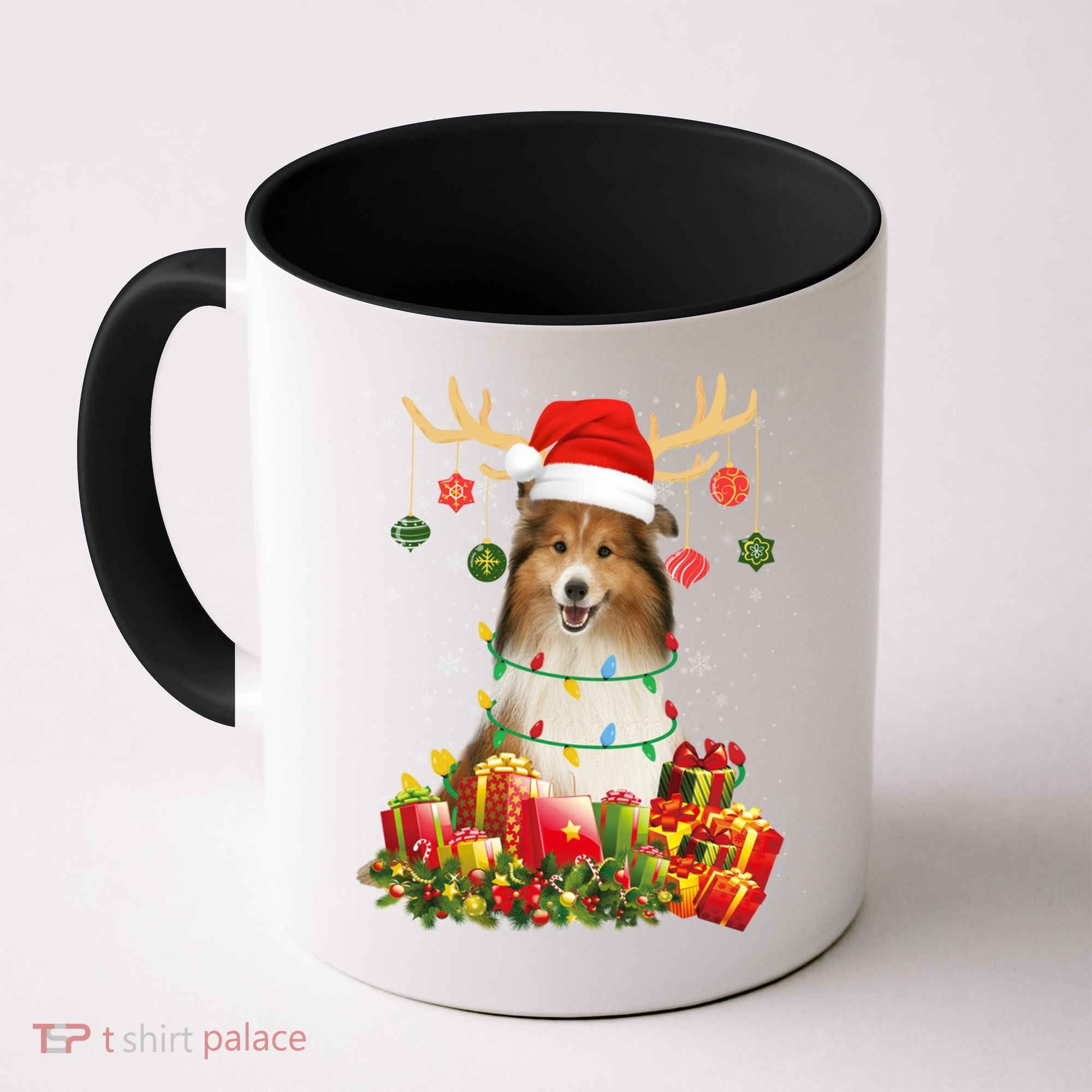 Sheltie Dog Reindeer Santa Hat Christmas Light Xmas Gift Coffee Mug