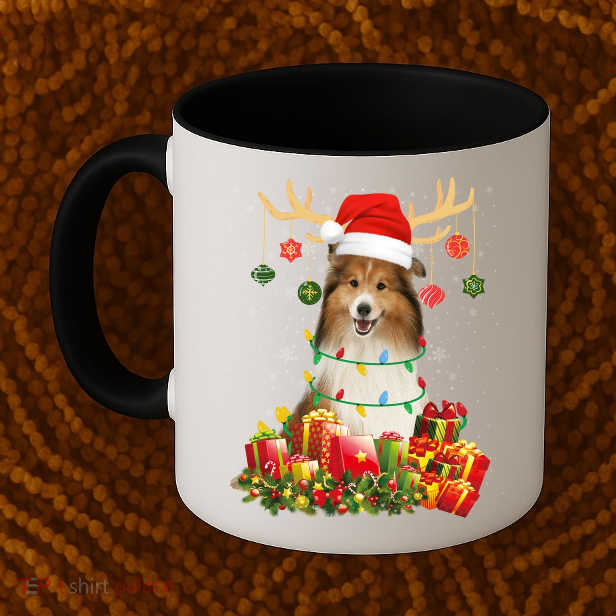 Sheltie Dog Reindeer Santa Hat Christmas Light Xmas Gift Coffee Mug
