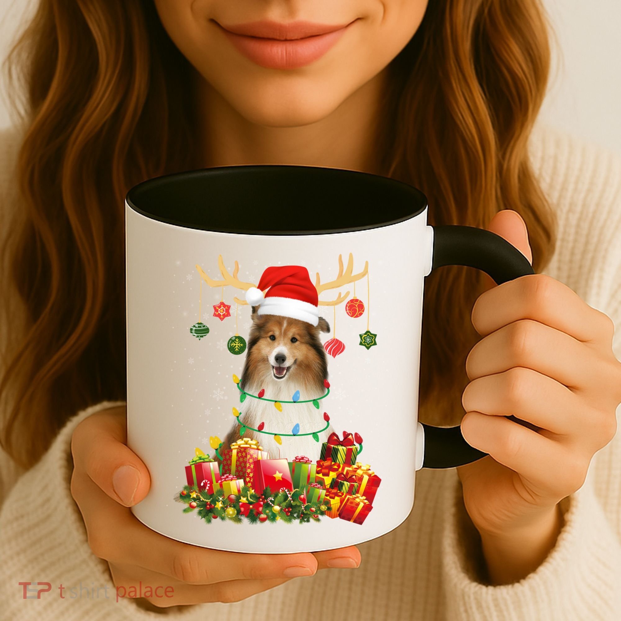Sheltie Dog Reindeer Santa Hat Christmas Light Xmas Gift Coffee Mug
