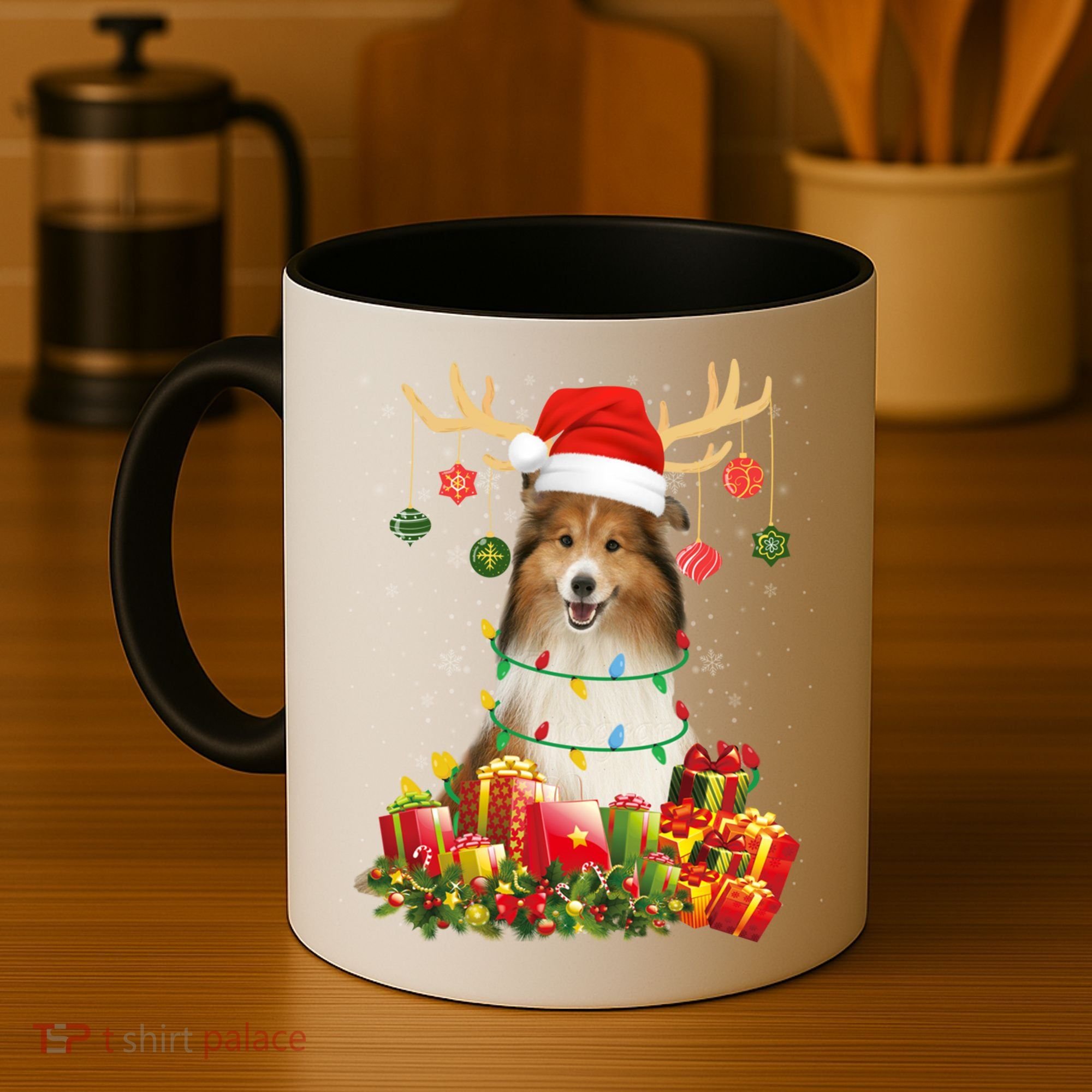 Sheltie Dog Reindeer Santa Hat Christmas Light Xmas Gift Coffee Mug