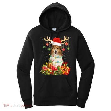 Sheltie Dog Reindeer Santa Hat Christmas Light Xmas Gift Women's Hoodie