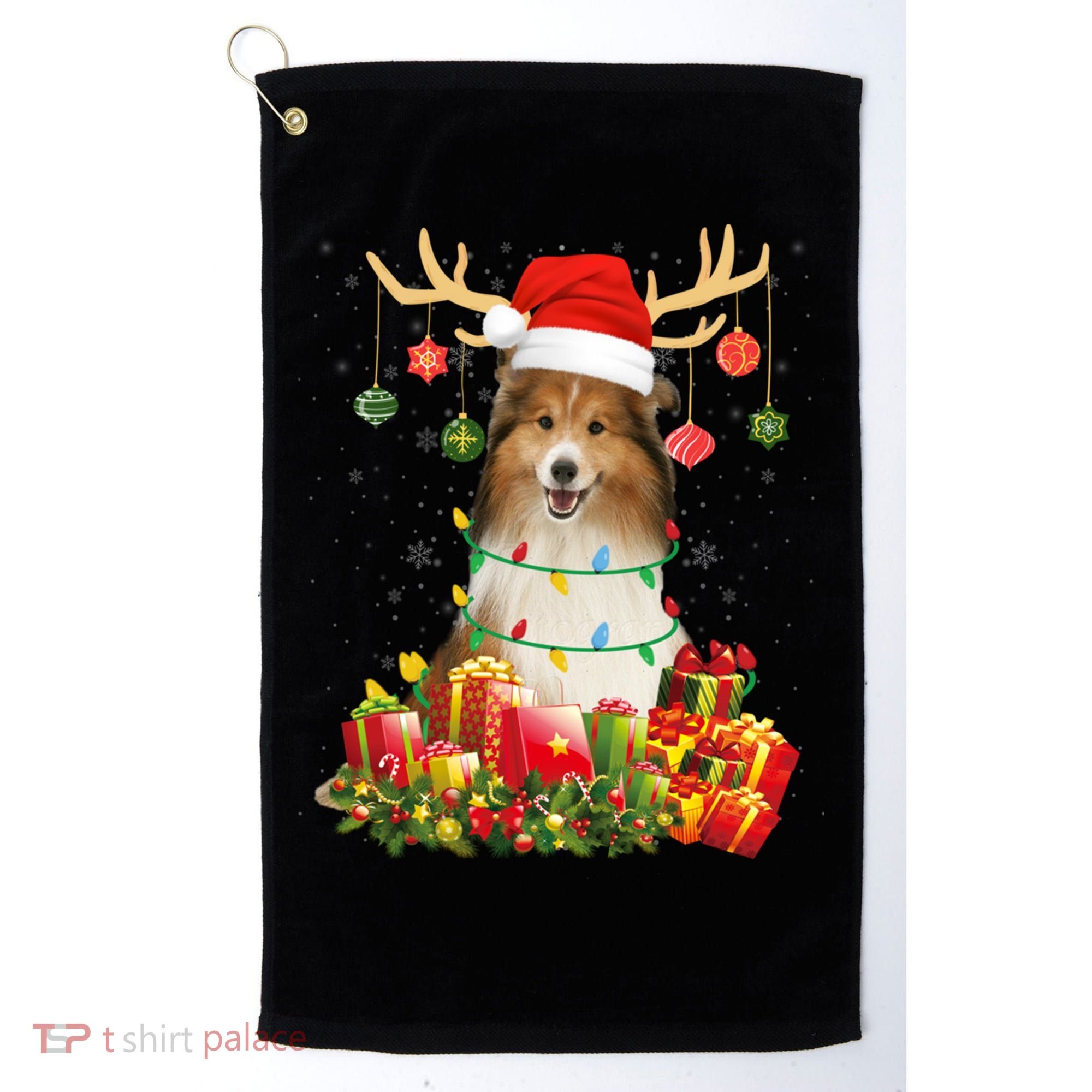 Sheltie Dog Reindeer Santa Hat Christmas Light Xmas Gift Golf Towel