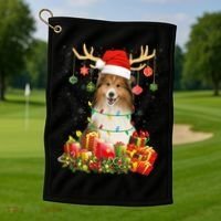 Sheltie Dog Reindeer Santa Hat Christmas Light Xmas Gift Golf Towel thumb 1