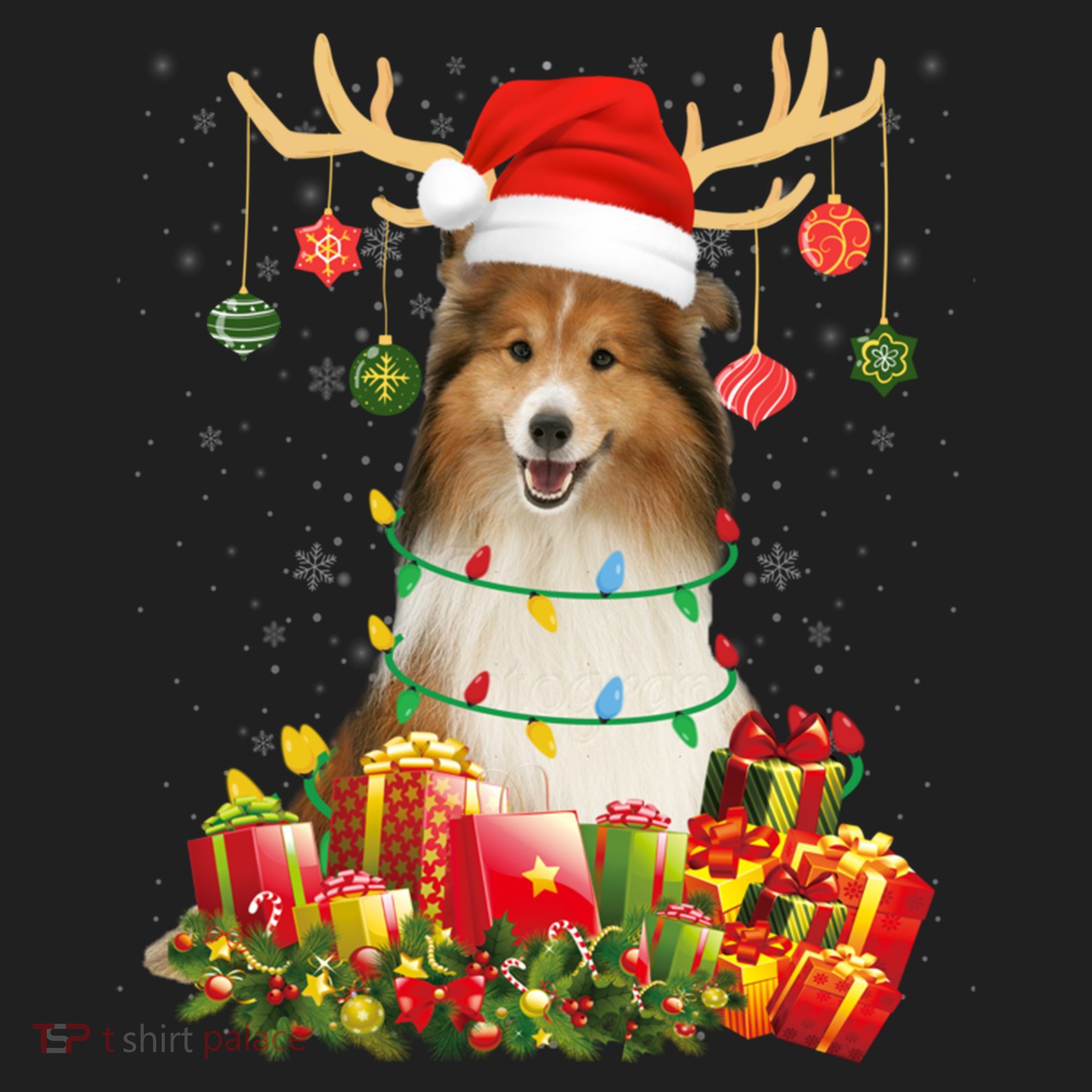 Sheltie Dog Reindeer Santa Hat Christmas Light Xmas Gift Golf Towel