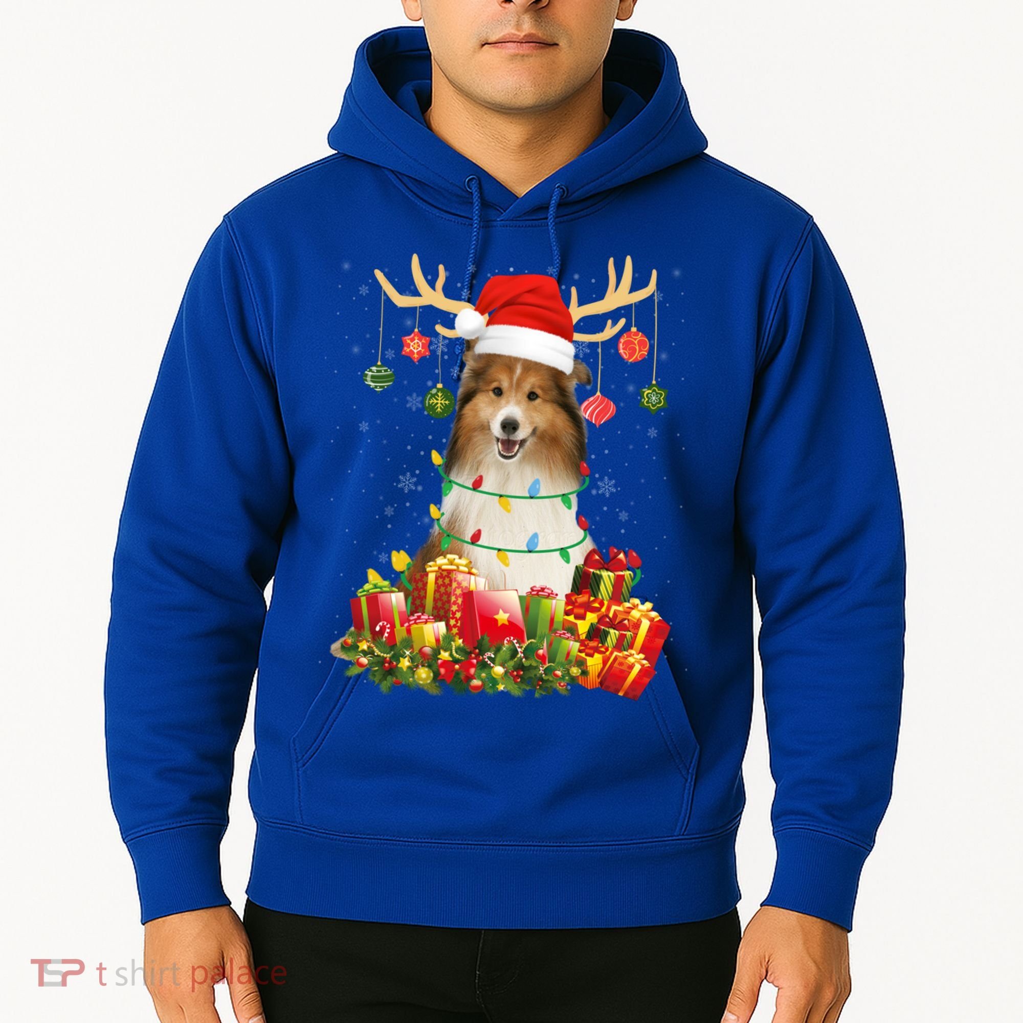 Sheltie Dog Reindeer Santa Hat Christmas Light Xmas Gift Hoodie