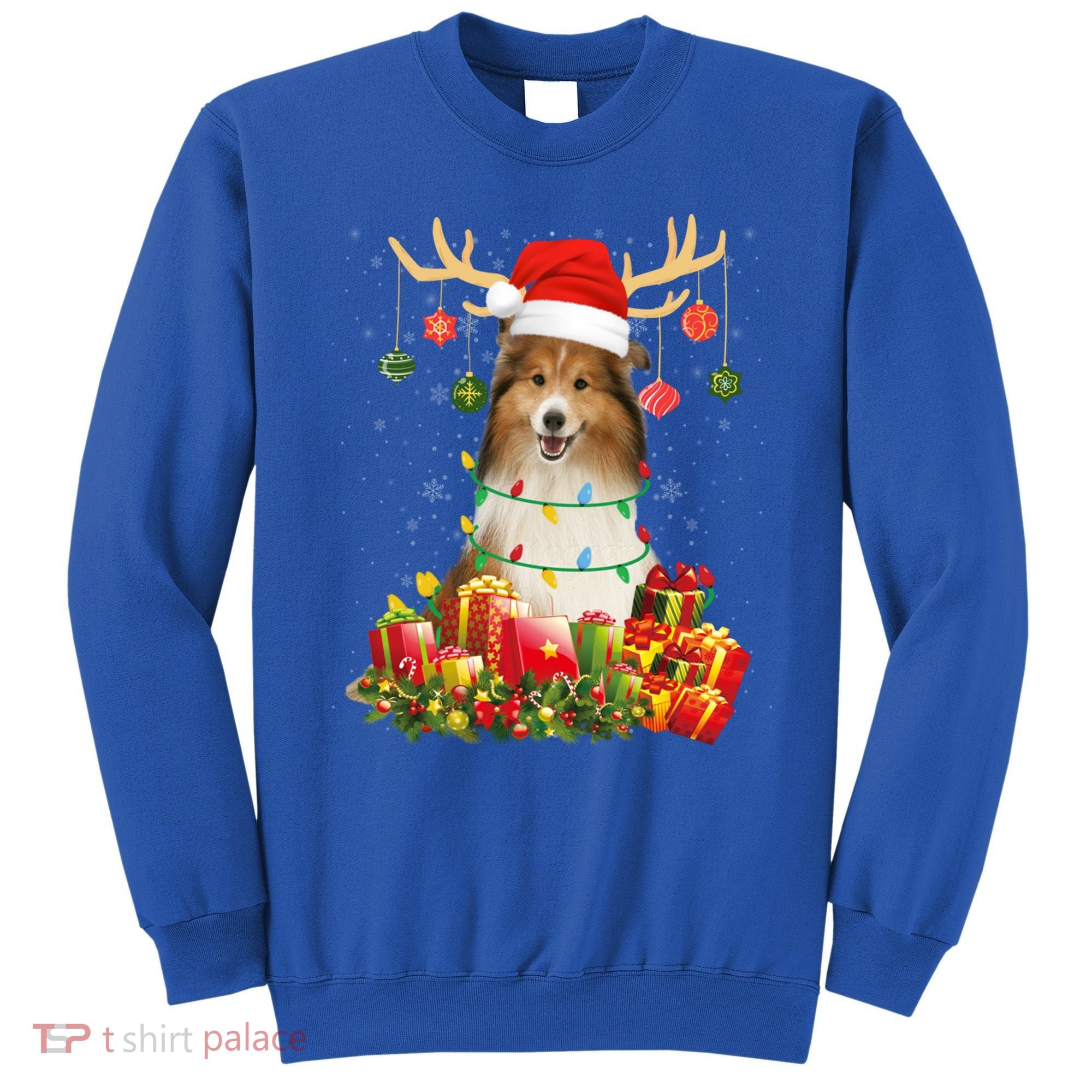 Sheltie Dog Reindeer Santa Hat Christmas Light Xmas Gift Sweatshirt
