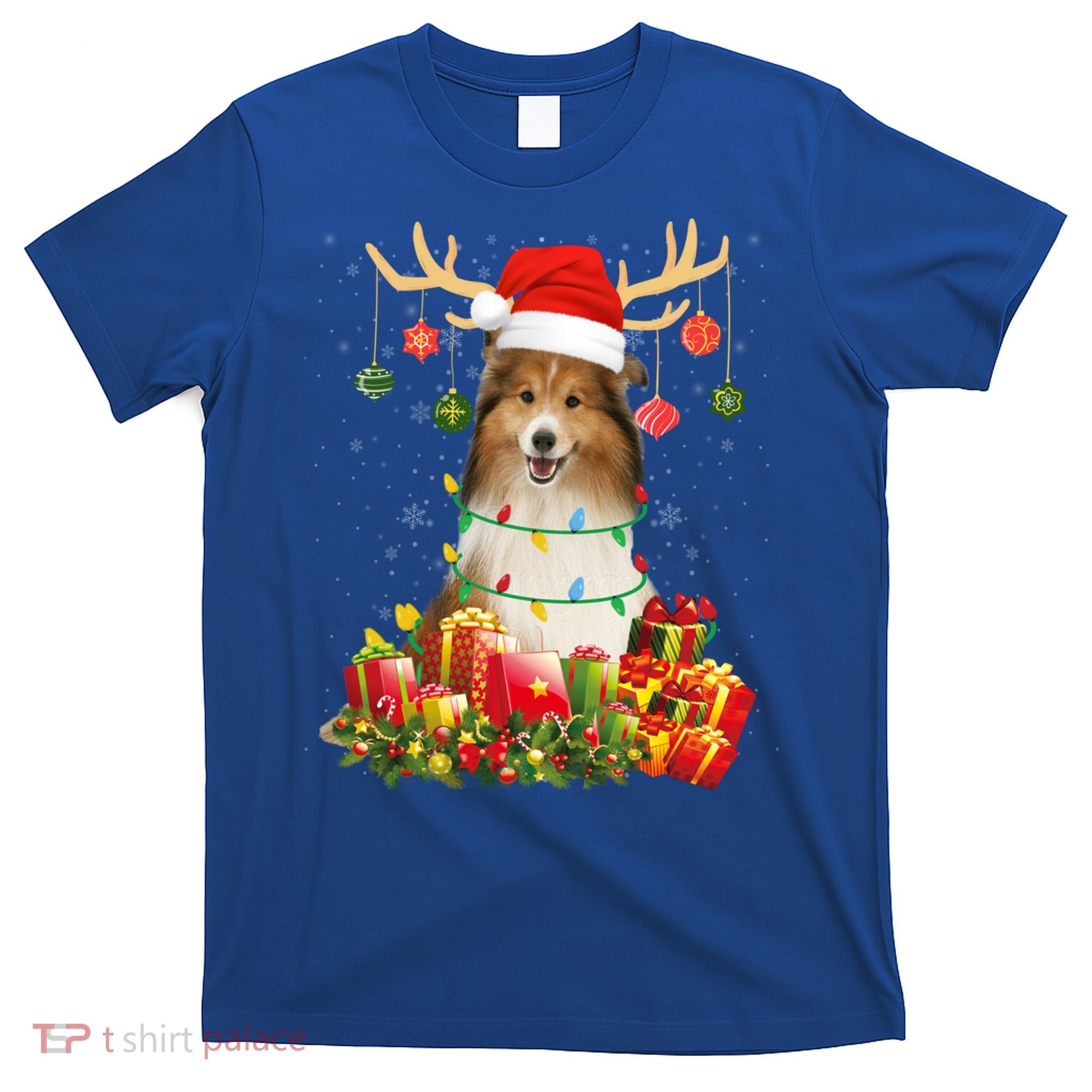 Sheltie Dog Reindeer Santa Hat Christmas Light Xmas Gift T-Shirt